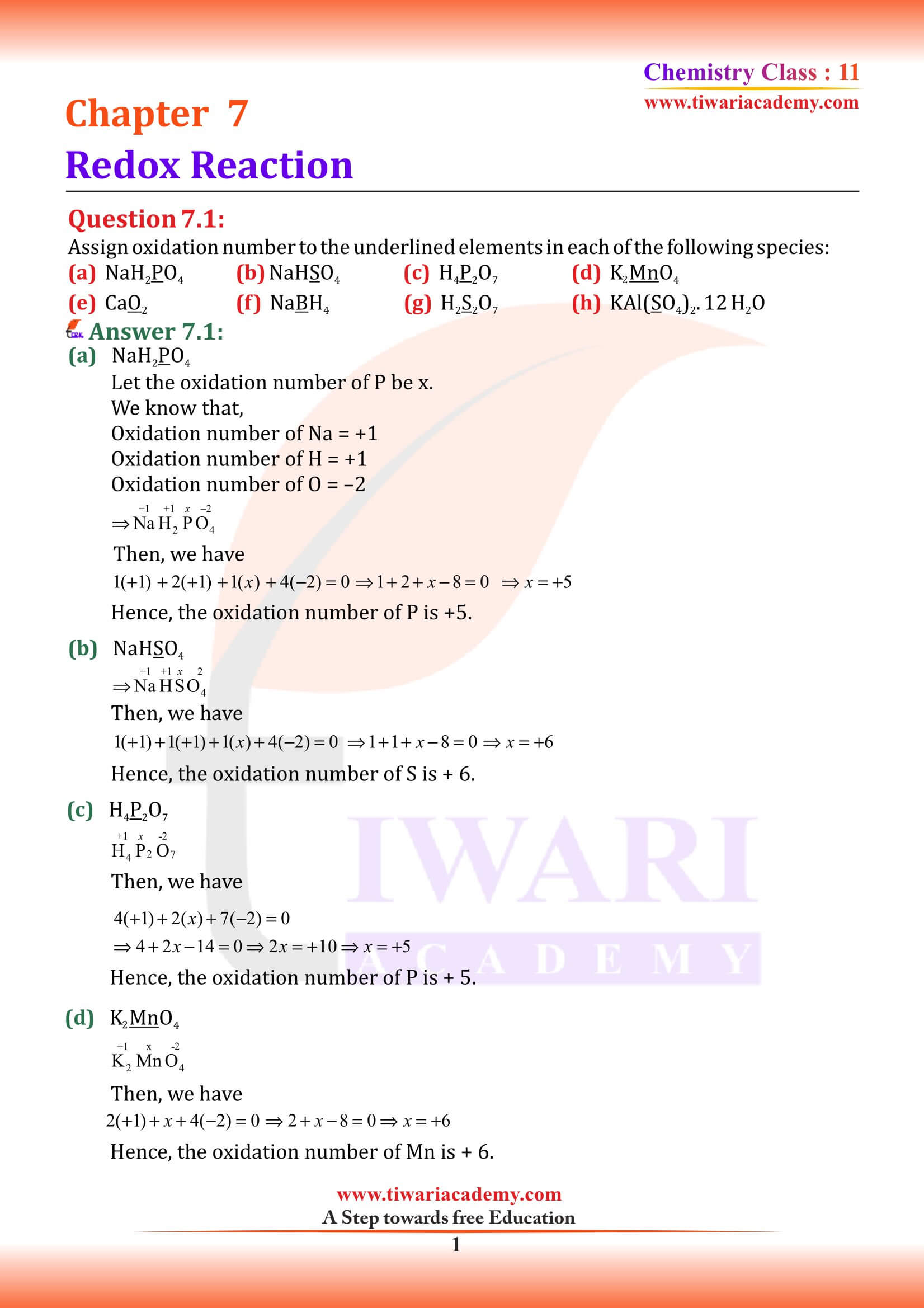 Class 11 Chemistry Chapter 7 Redox Reactions