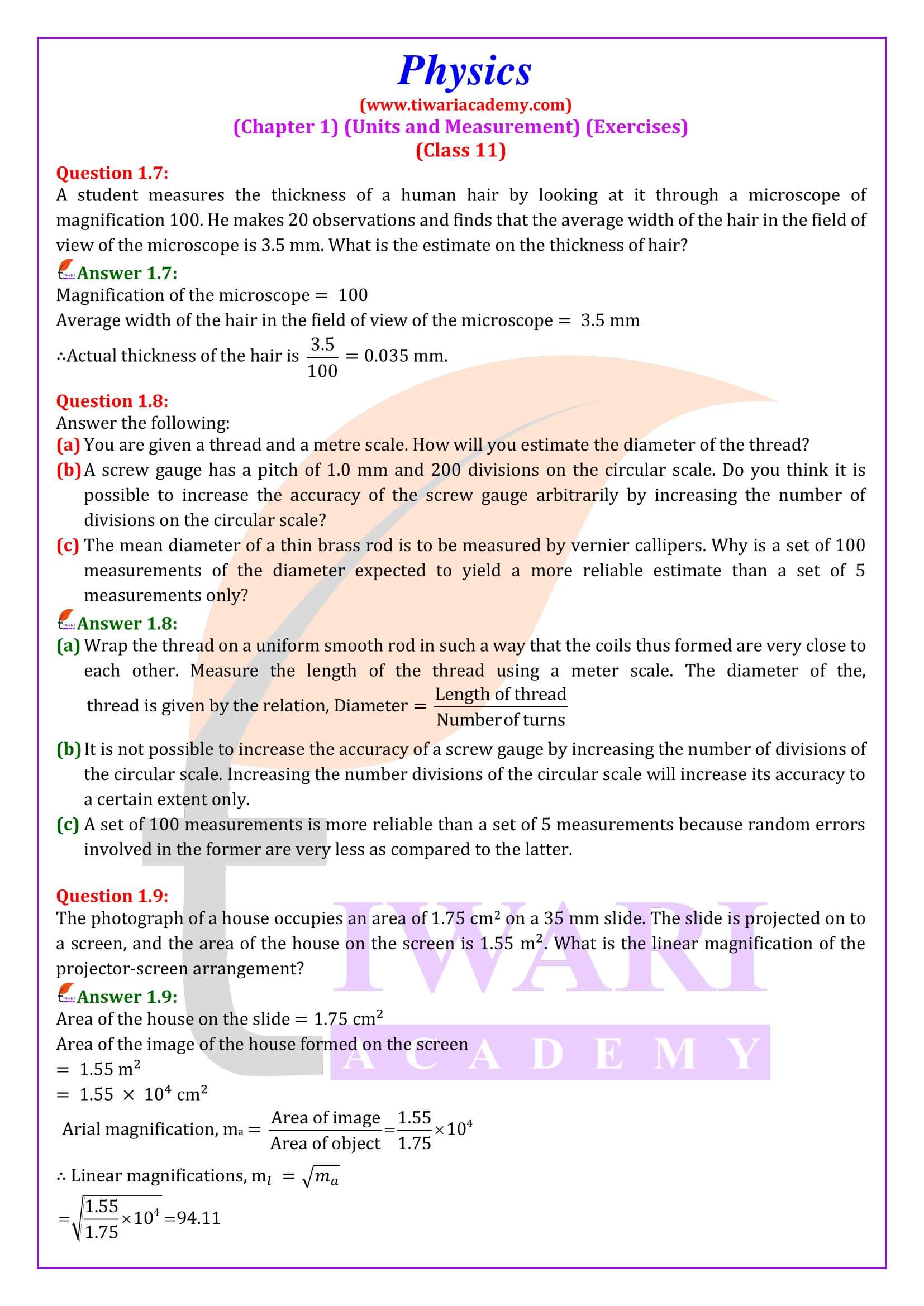 NCERT Solutions for Class 11 Physics Chapter 1 in English Medium