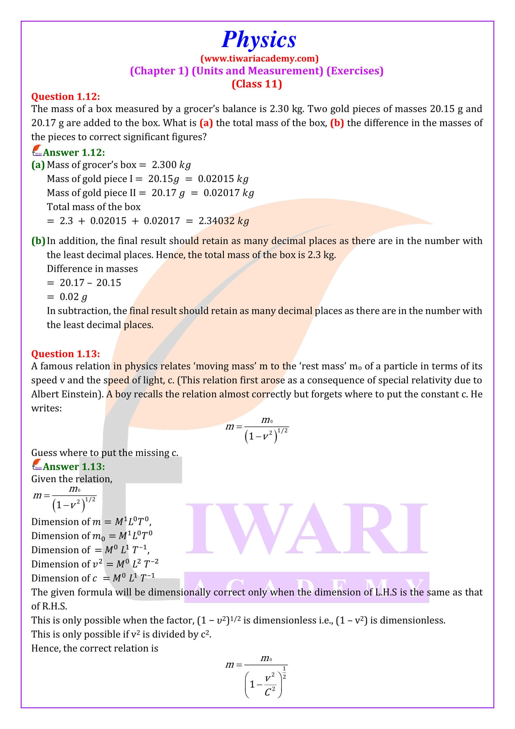 NCERT Solutions for Class 11 Physics Chapter 1 all answers