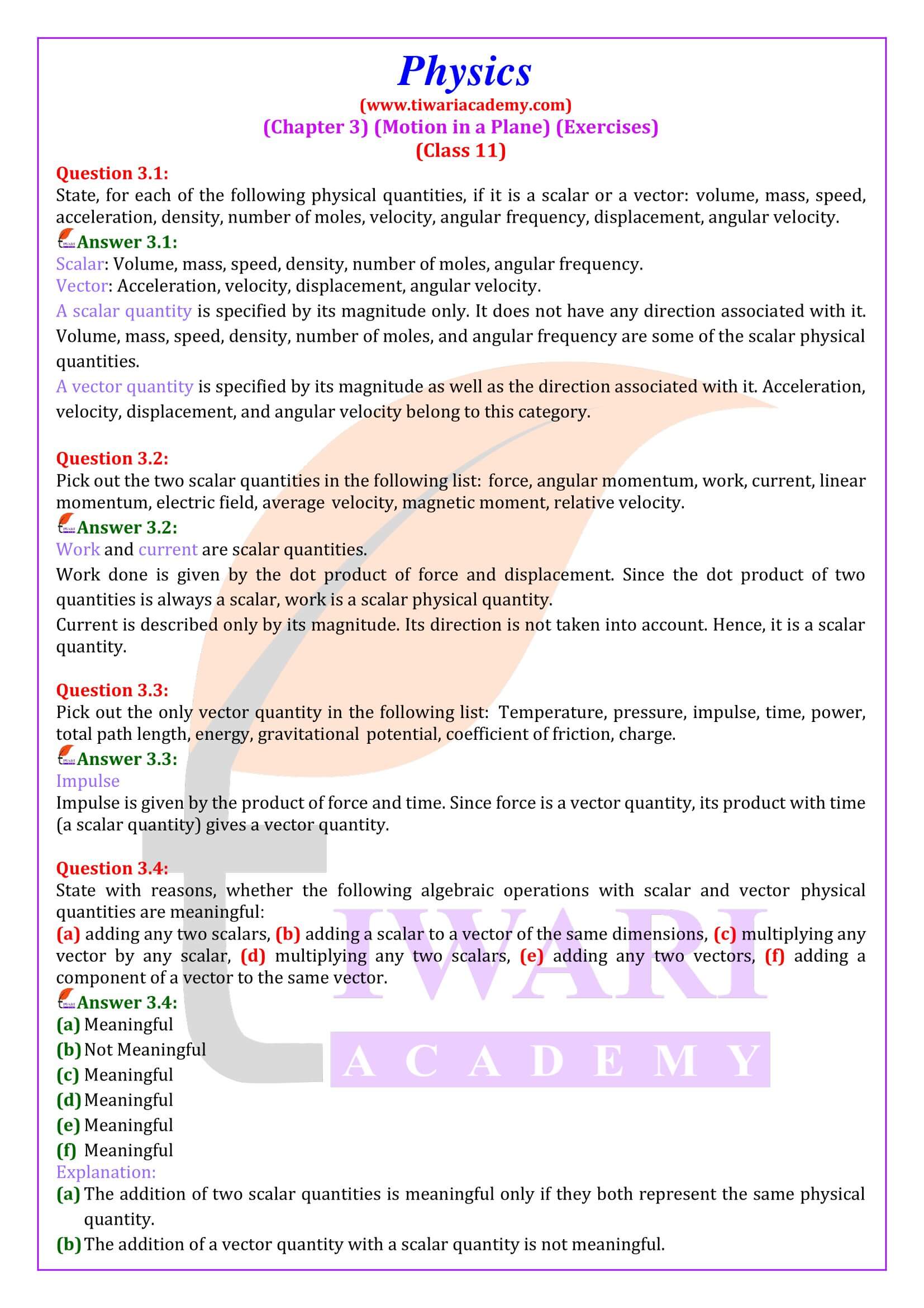 Class 11 Physics Chapter 3 Motion in a Plane