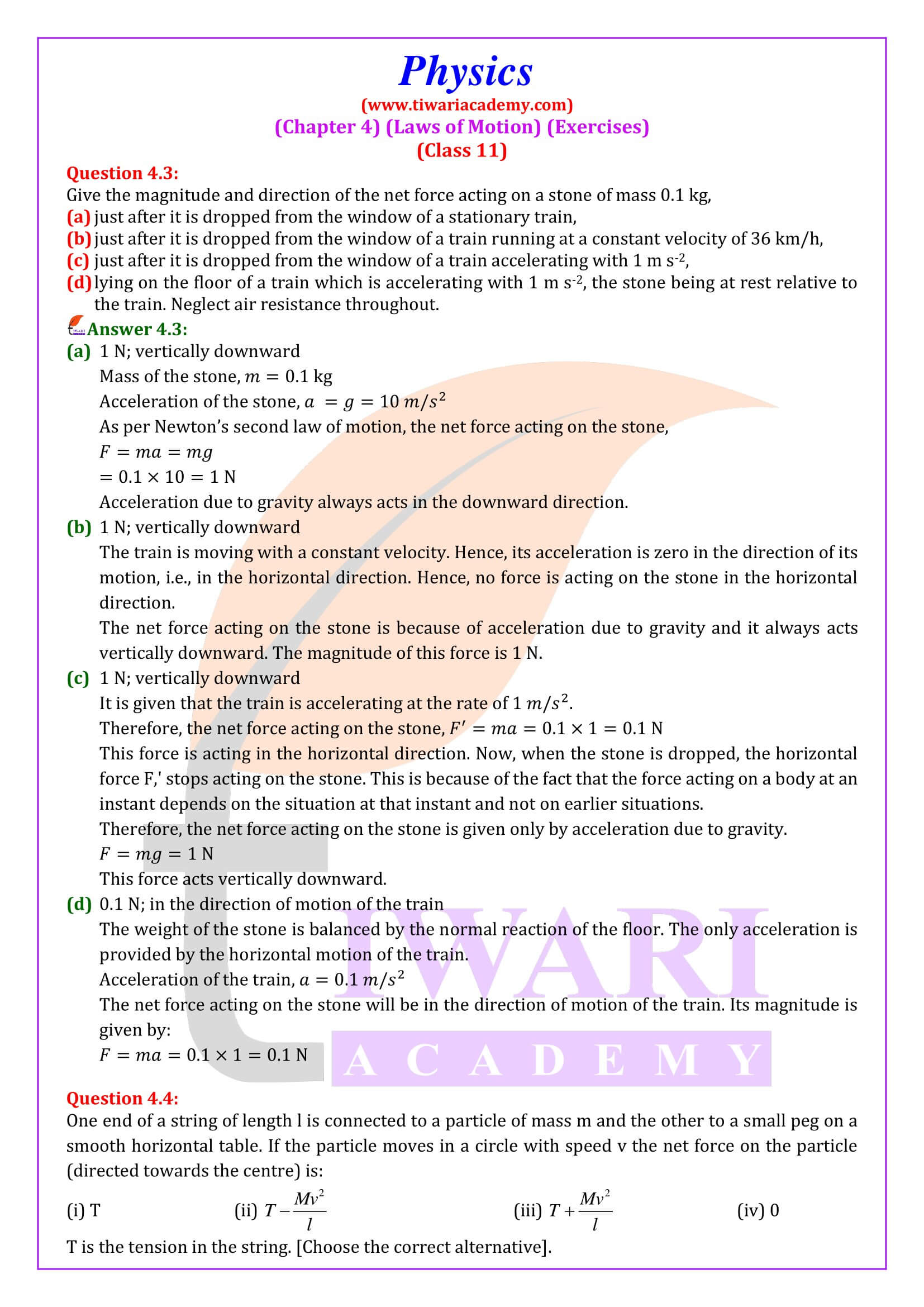 Class 11 Physics Chapter 4 Laws of Motion