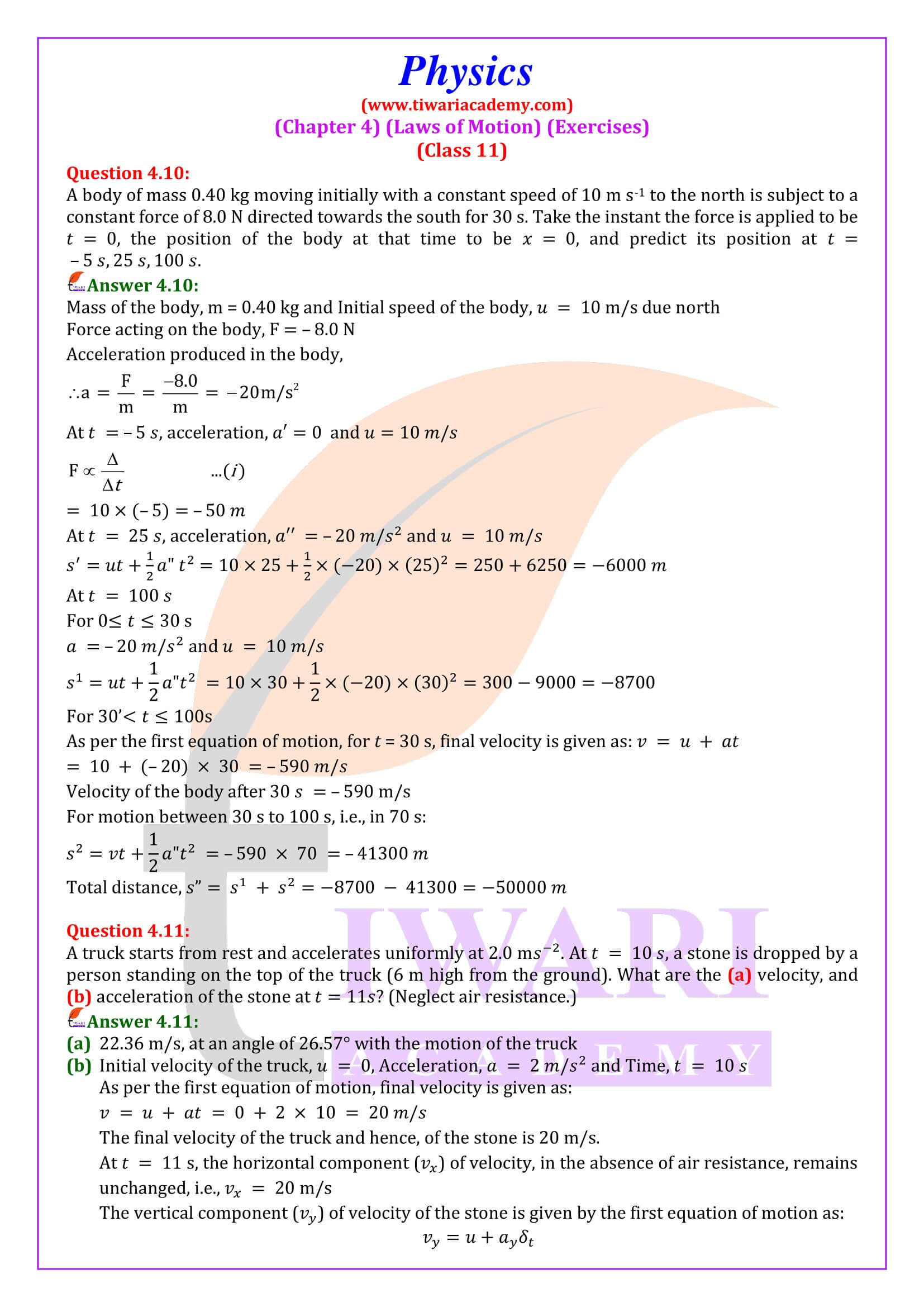 NCERT Solutions for Class 11 Physics Chapter 4 Question Answers