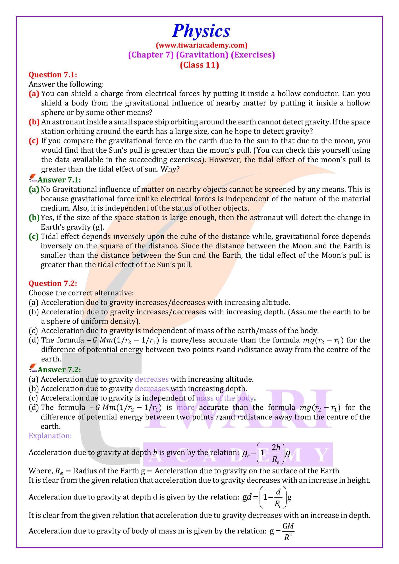 Class 11 Physics Chapter 7 Gravitation