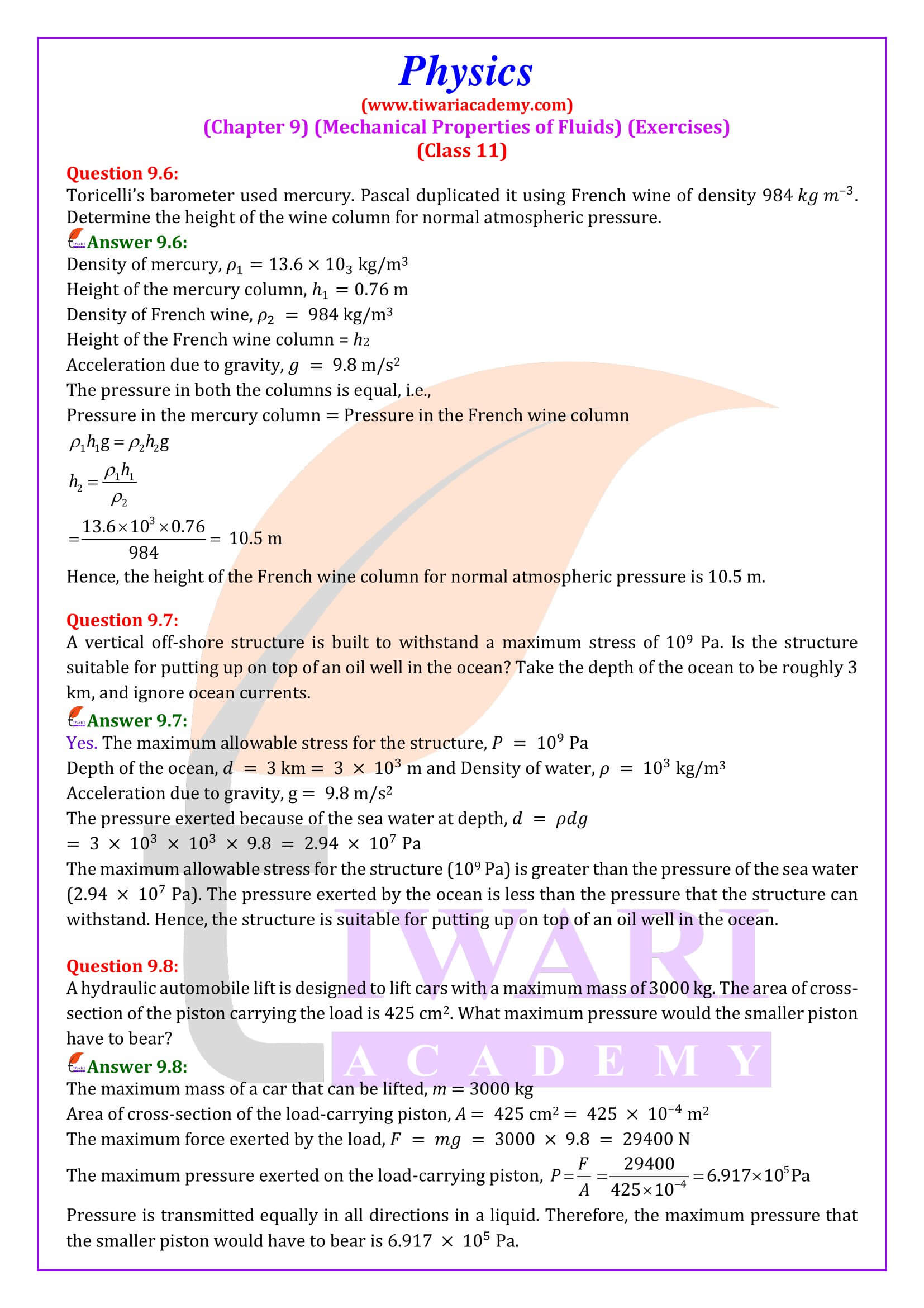 NCERT Solutions for Class 11 Physics Chapter 9 Answers