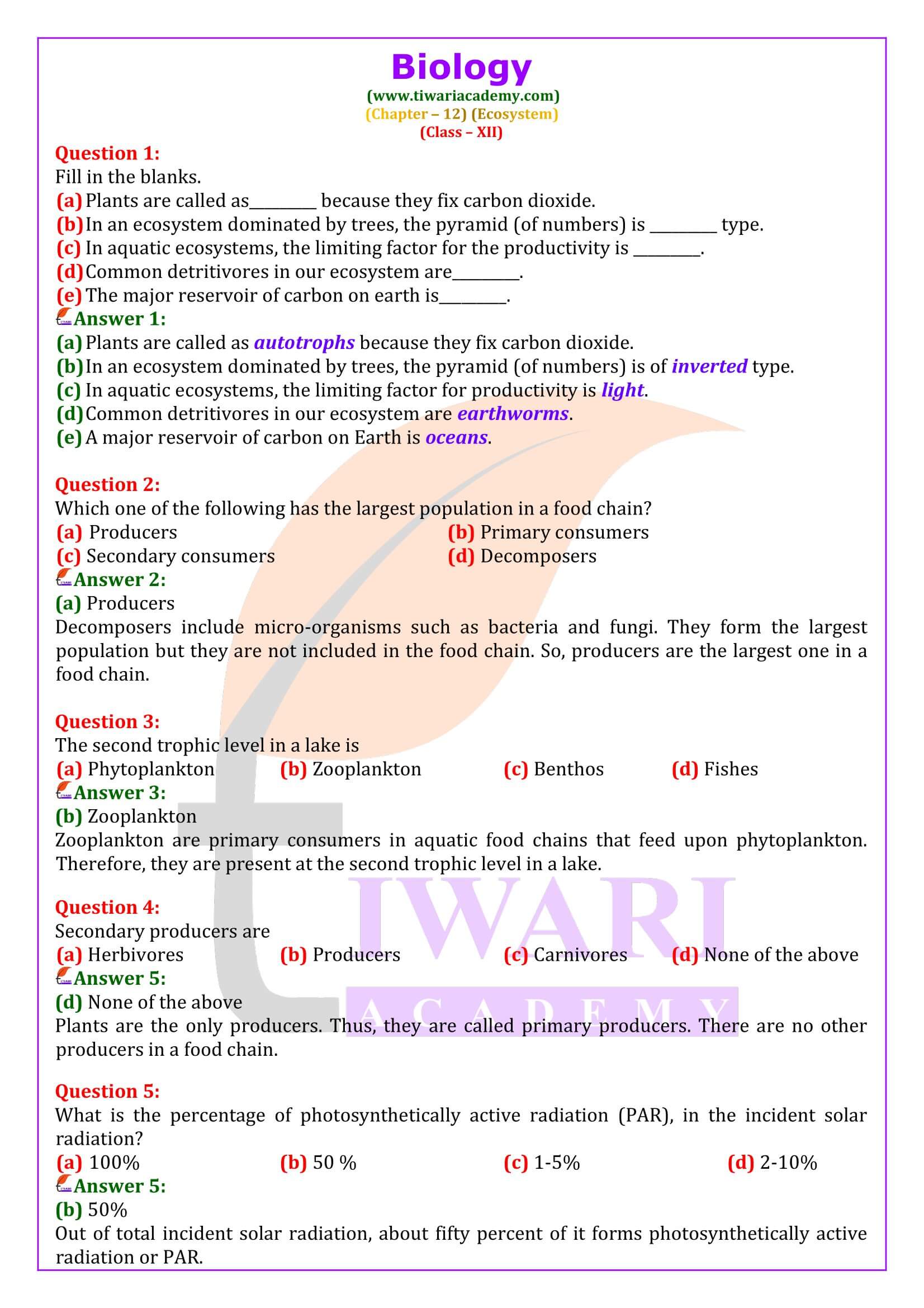 Class 12 Biology Chapter 12 Ecosystem