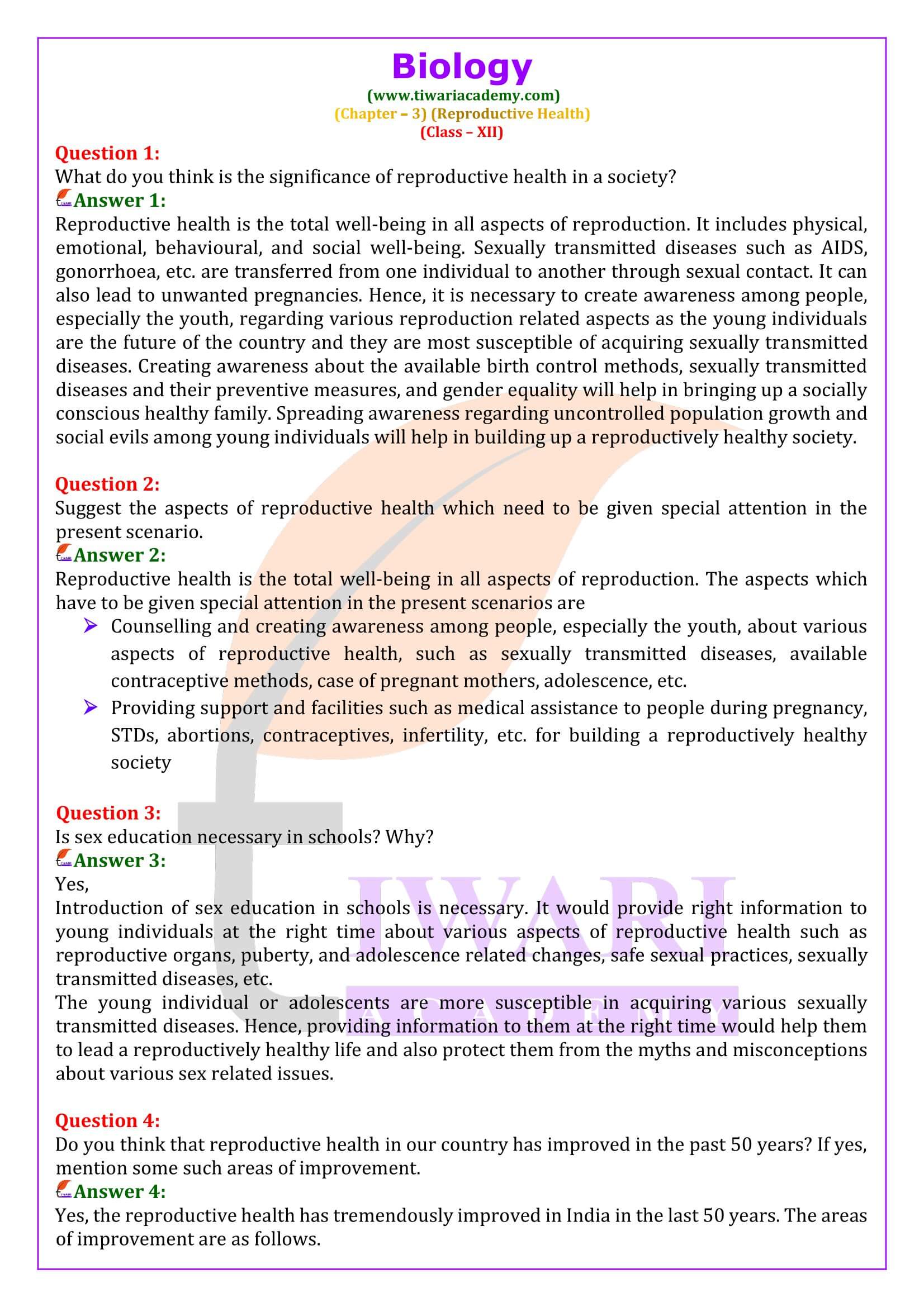 Class 12 Biology Chapter 3 Reproductive Health