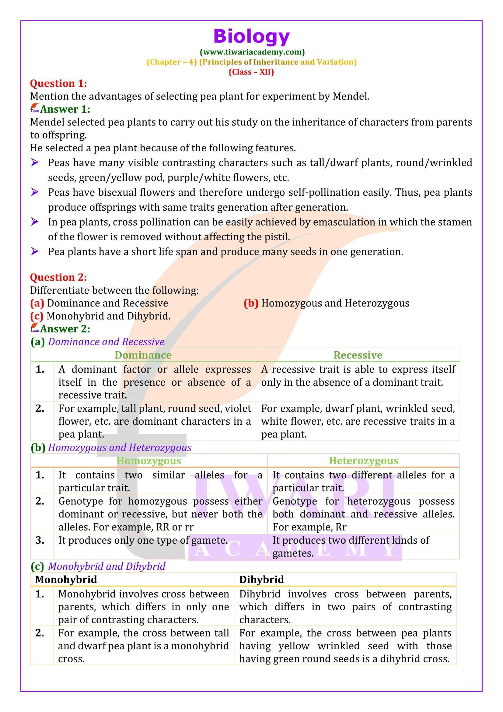 Class 12 Biology Chapter 4 Principle of Inheritance and Variation