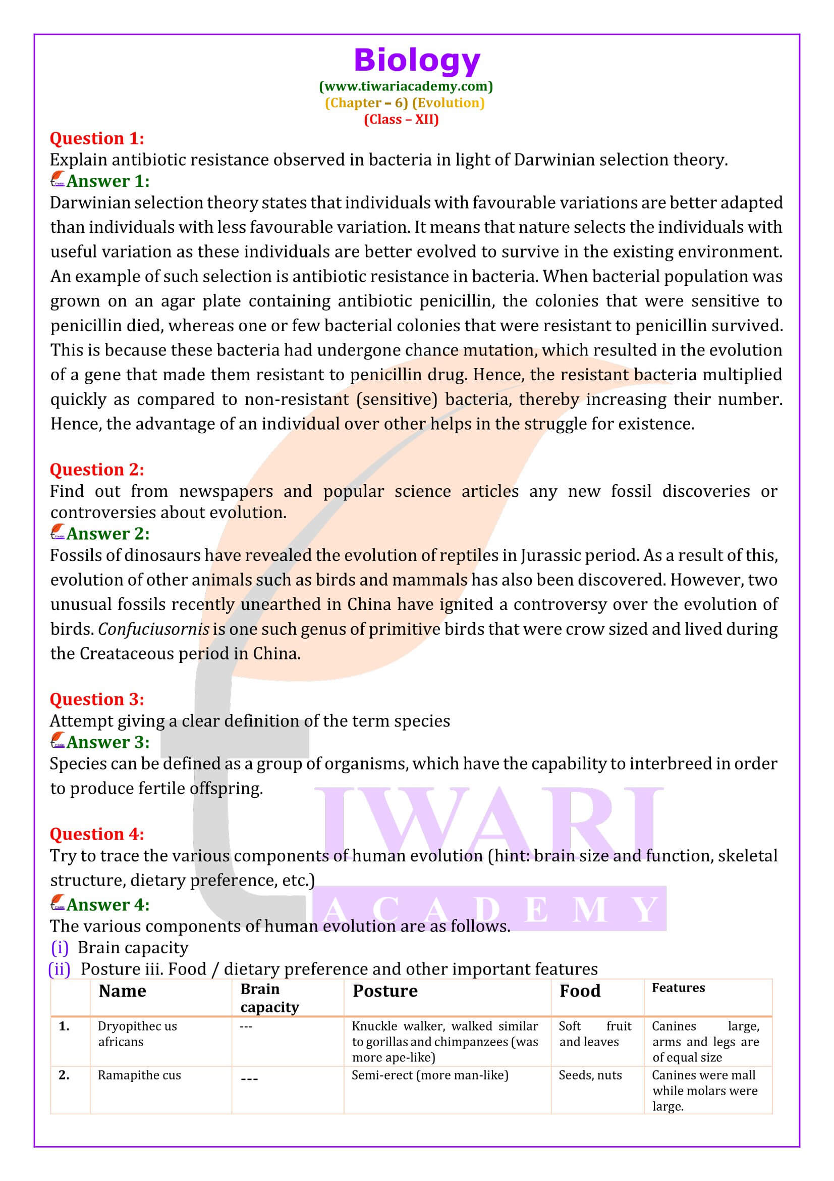 Class 12 Biology Chapter 6 Evolution