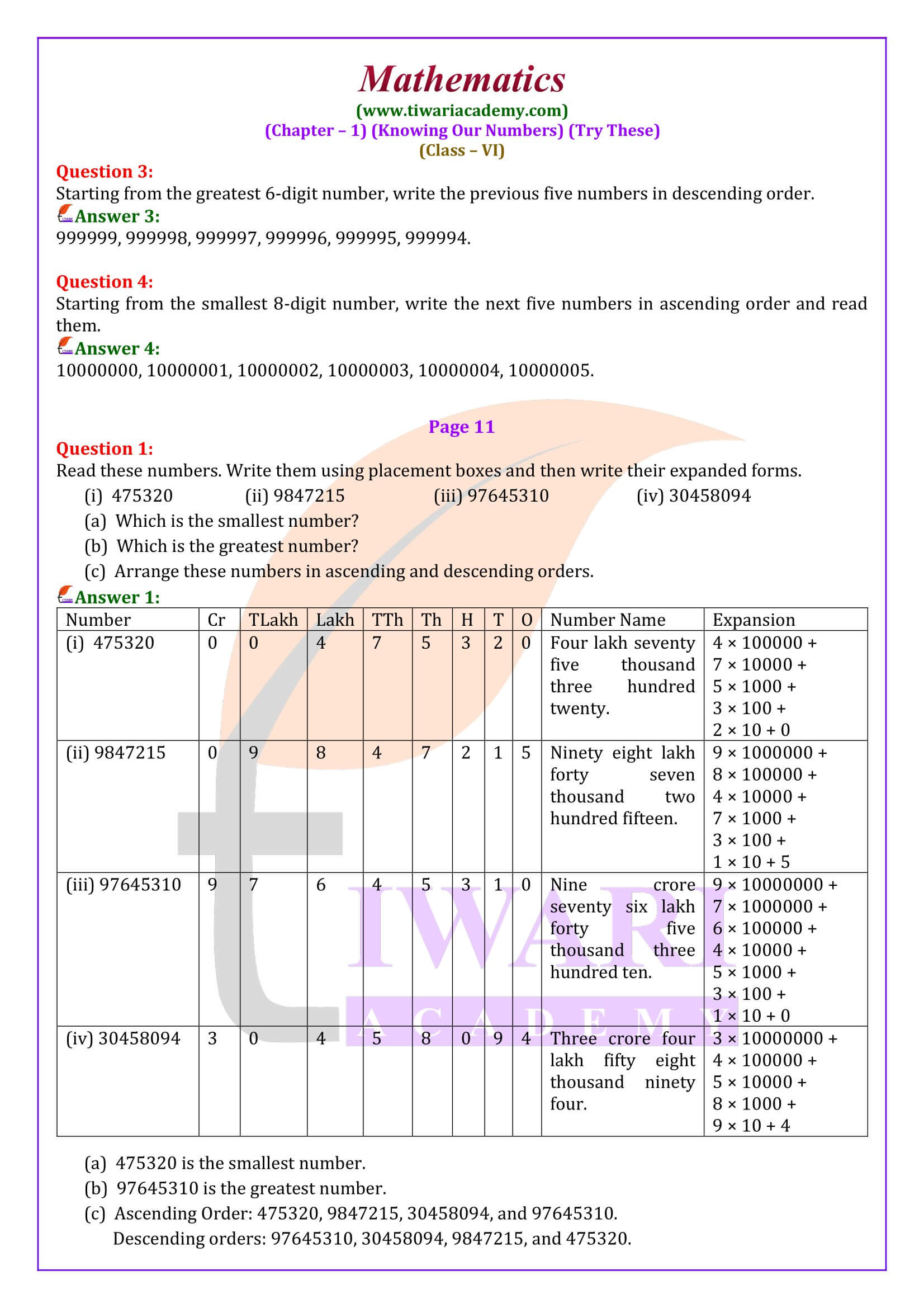 Class 6 Maths Chapter 1 Try These Answers