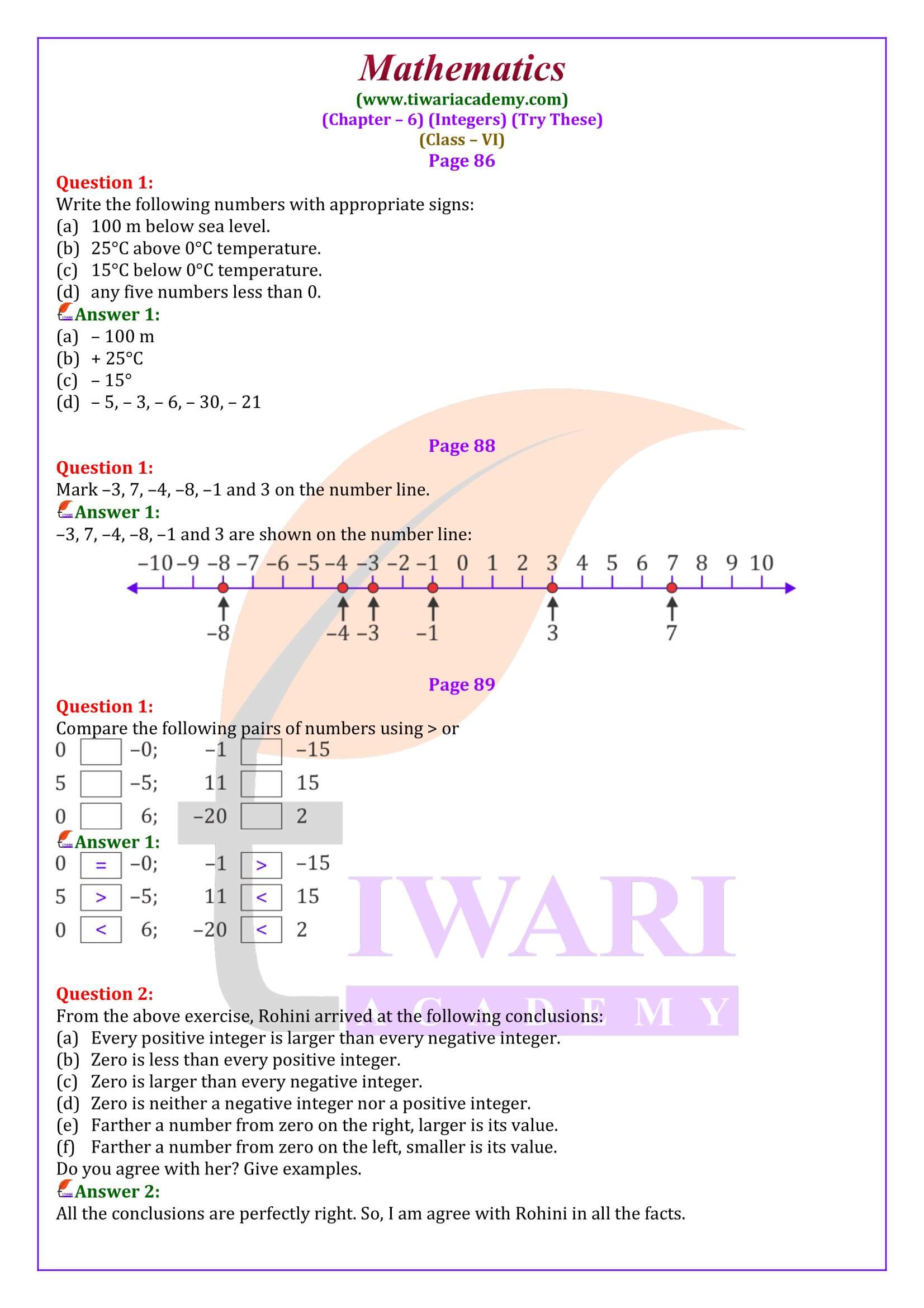 Class 6 Maths Chapter 6 Integers Try These