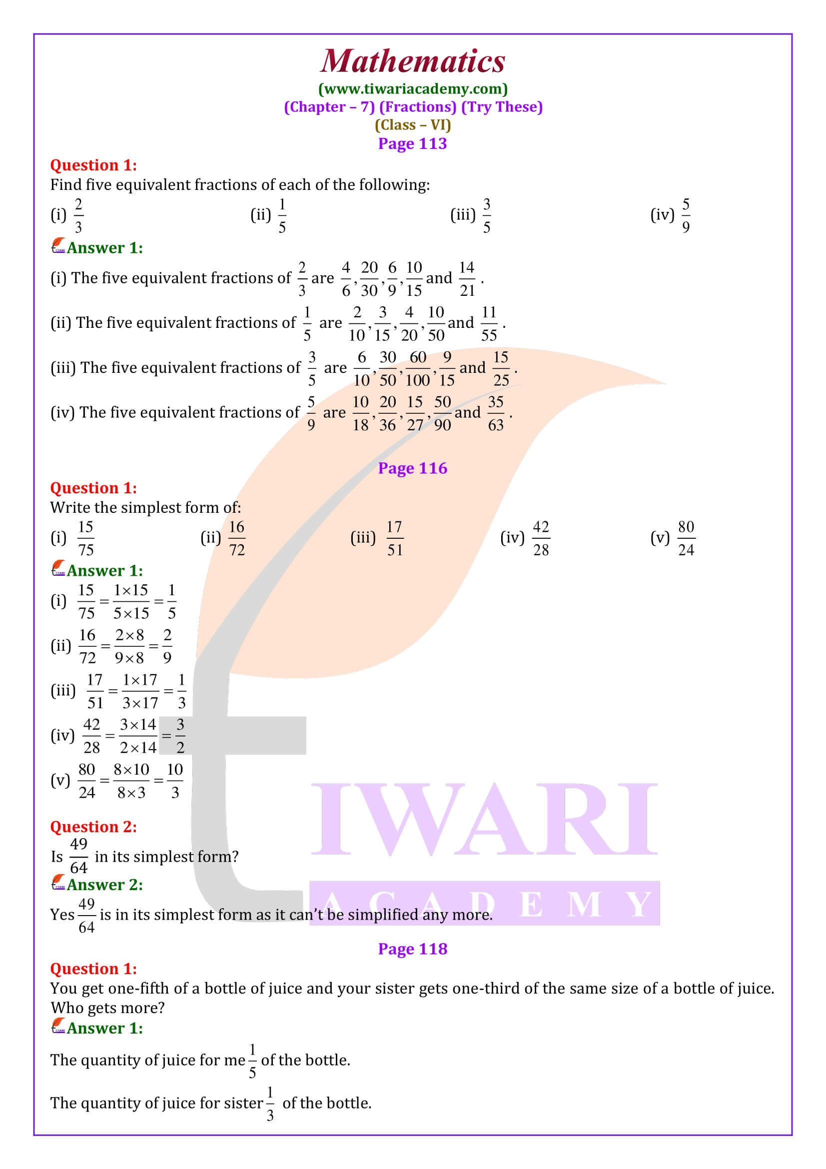 Class 6 Maths Chapter 7 Try These Answers