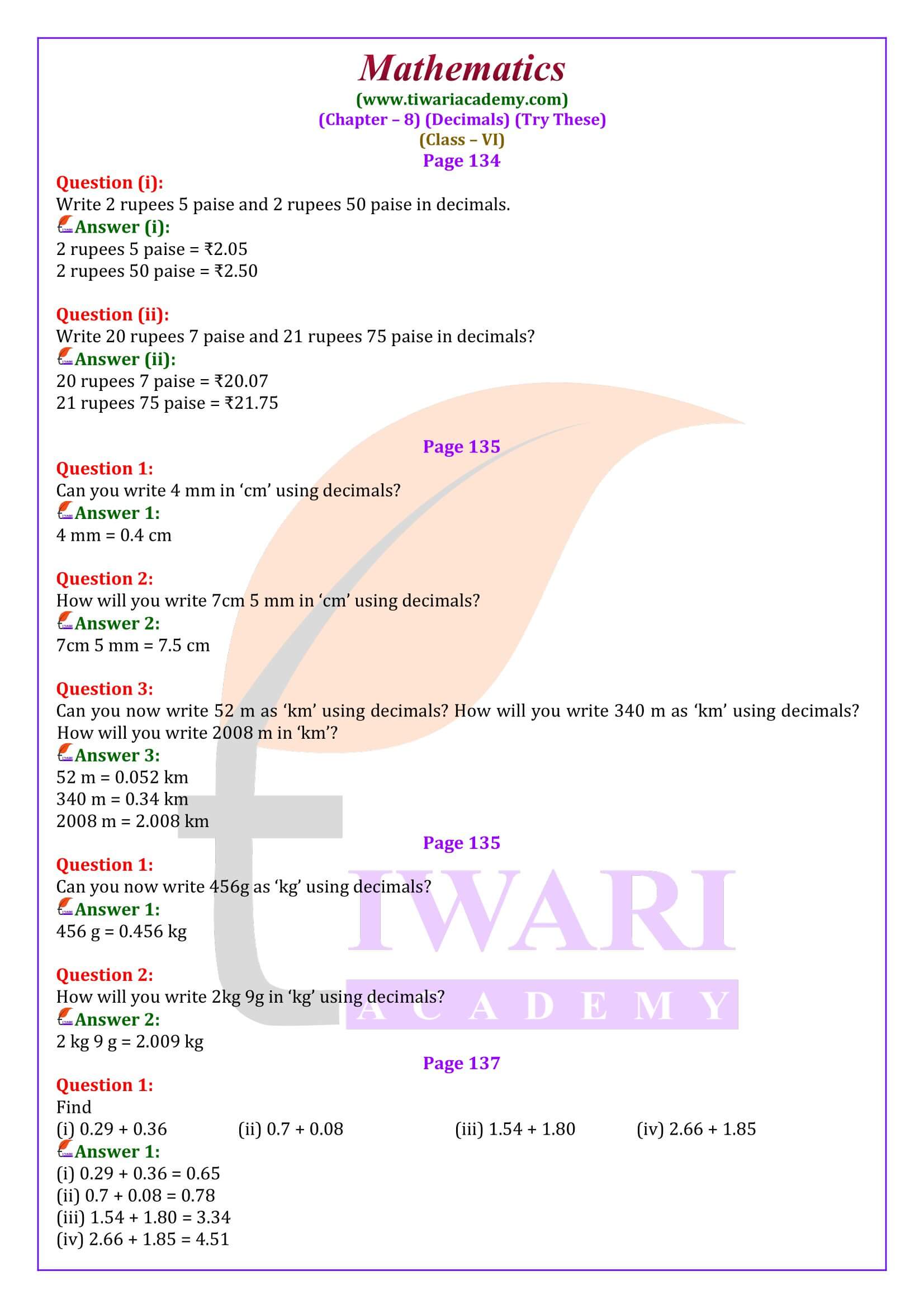 Class 6 Maths Chapter 8 Try These Solutions