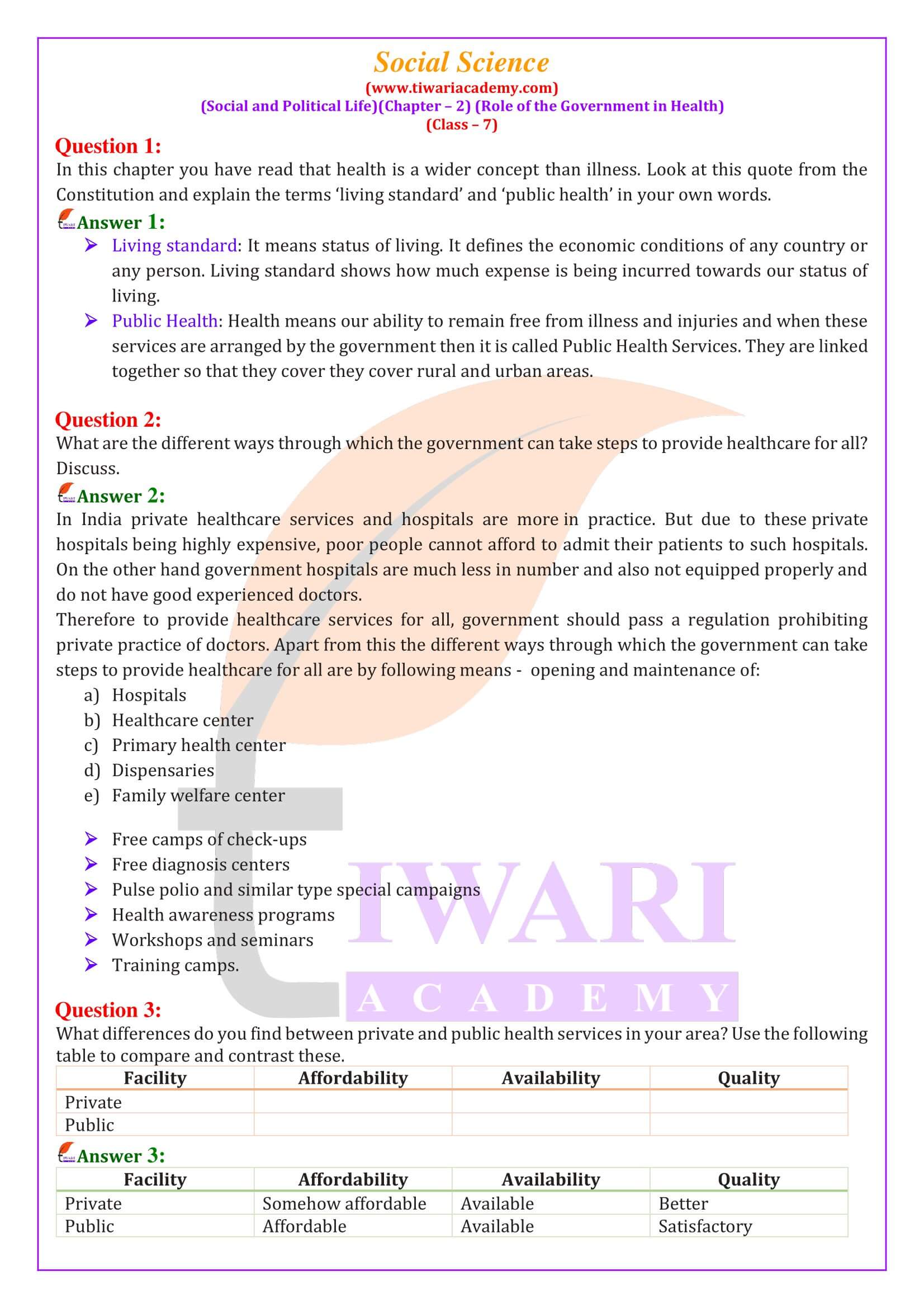 Class 7 Social Science Civics Chapter 2 Role of Government in Health