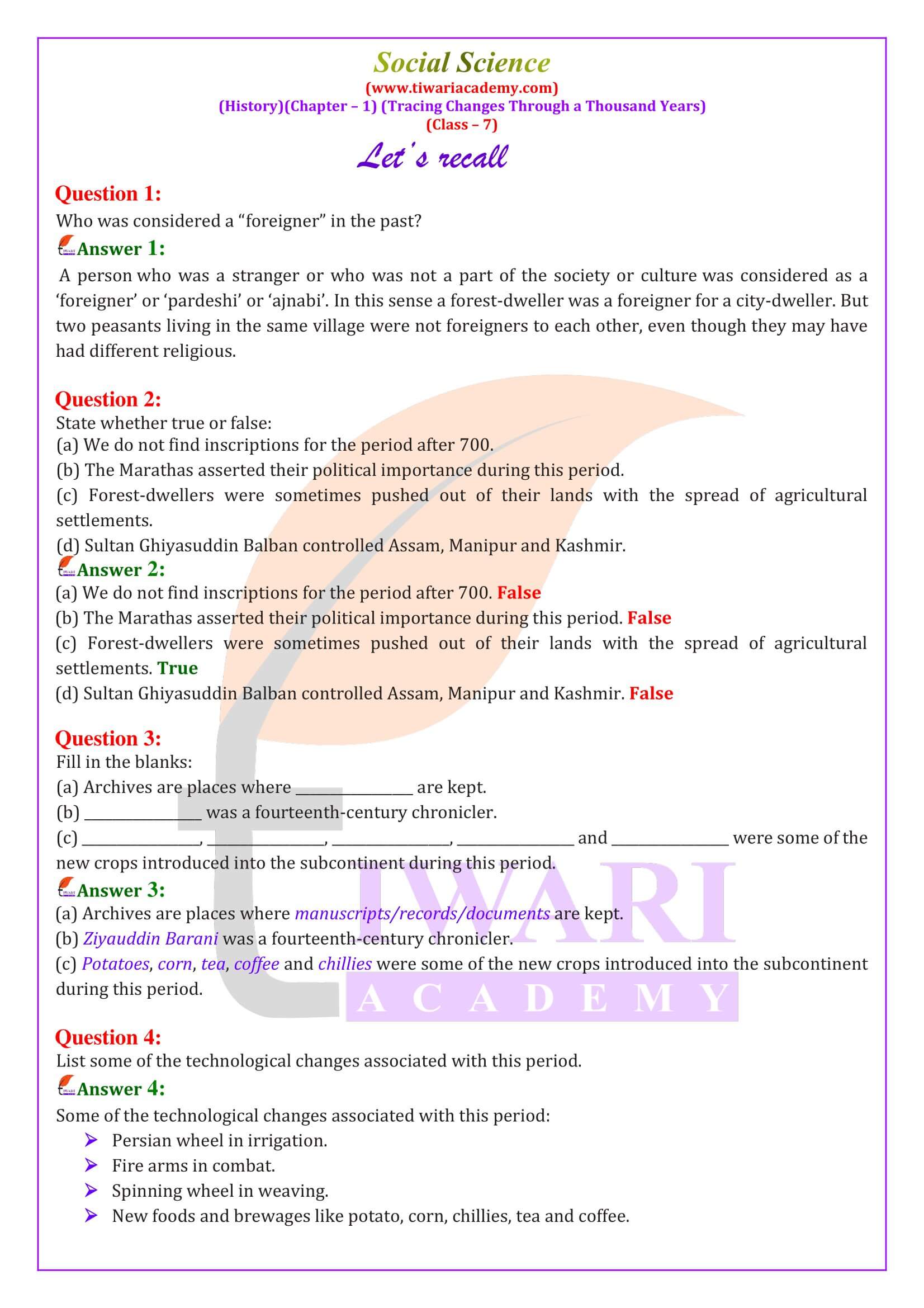 NCERT Solutions for Class 7 Social Science History Chapter 1 in English Medium