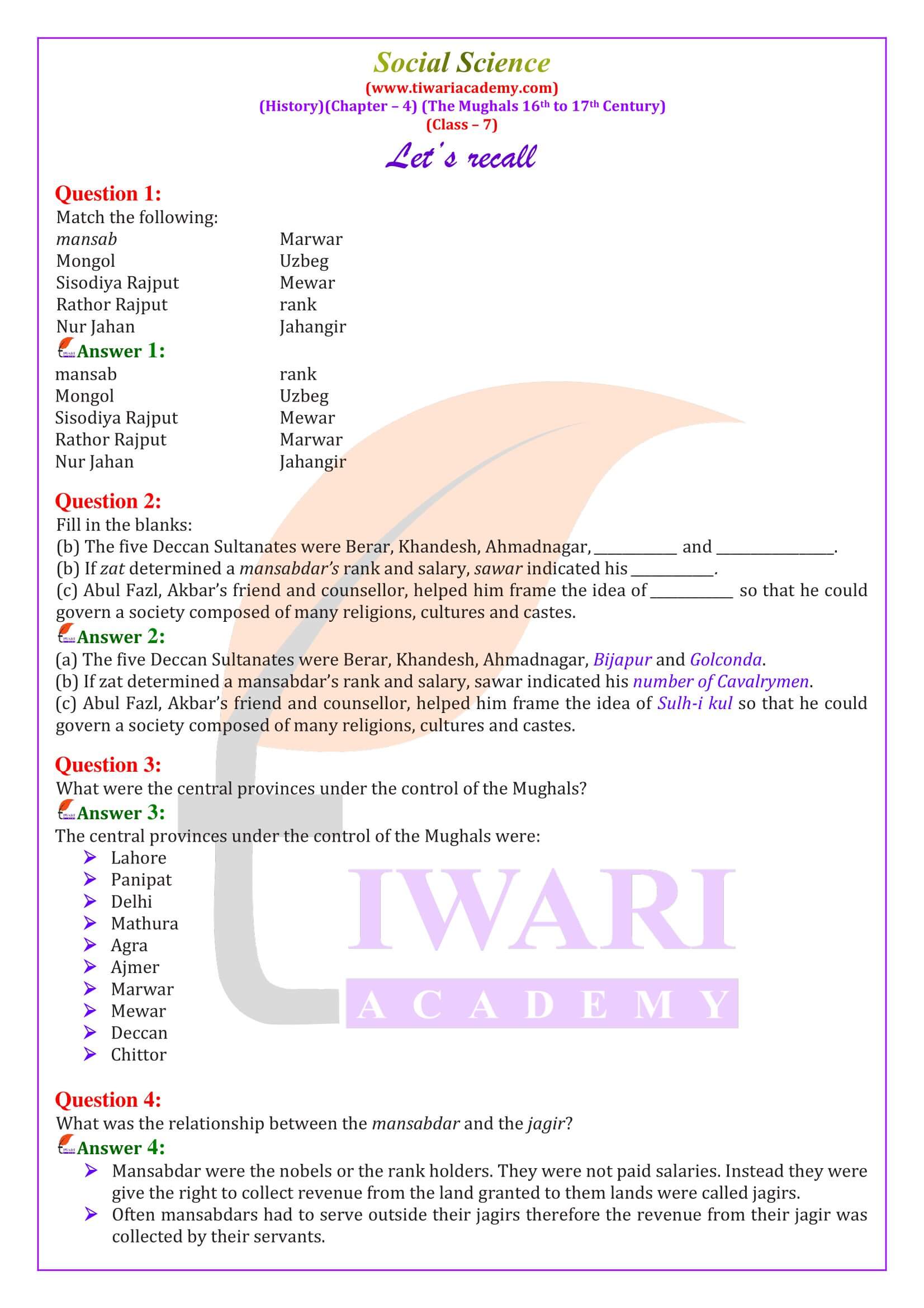 Class 7 Social Science History Chapter 4 The Mughals 16th to 17th Century Question Answers