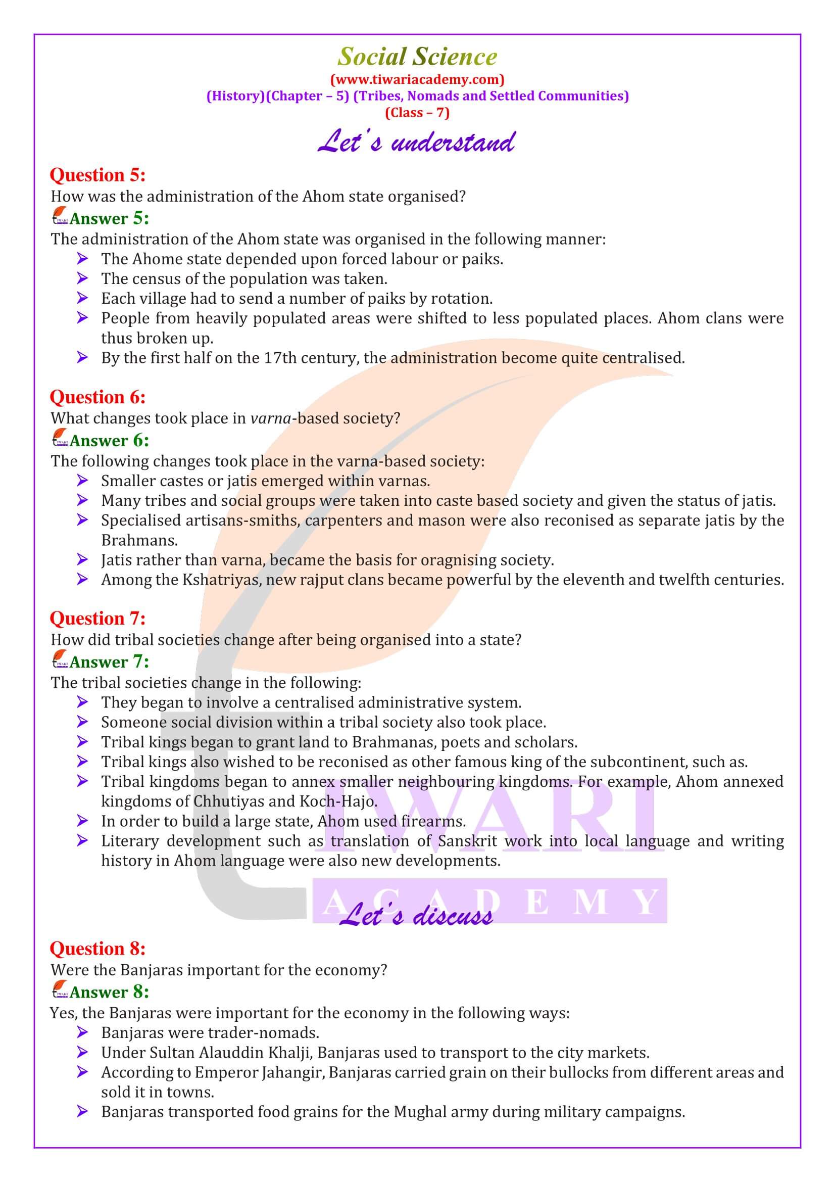 Class 7 Social Science History Chapter 5 Tribes, Nomads Question Answers