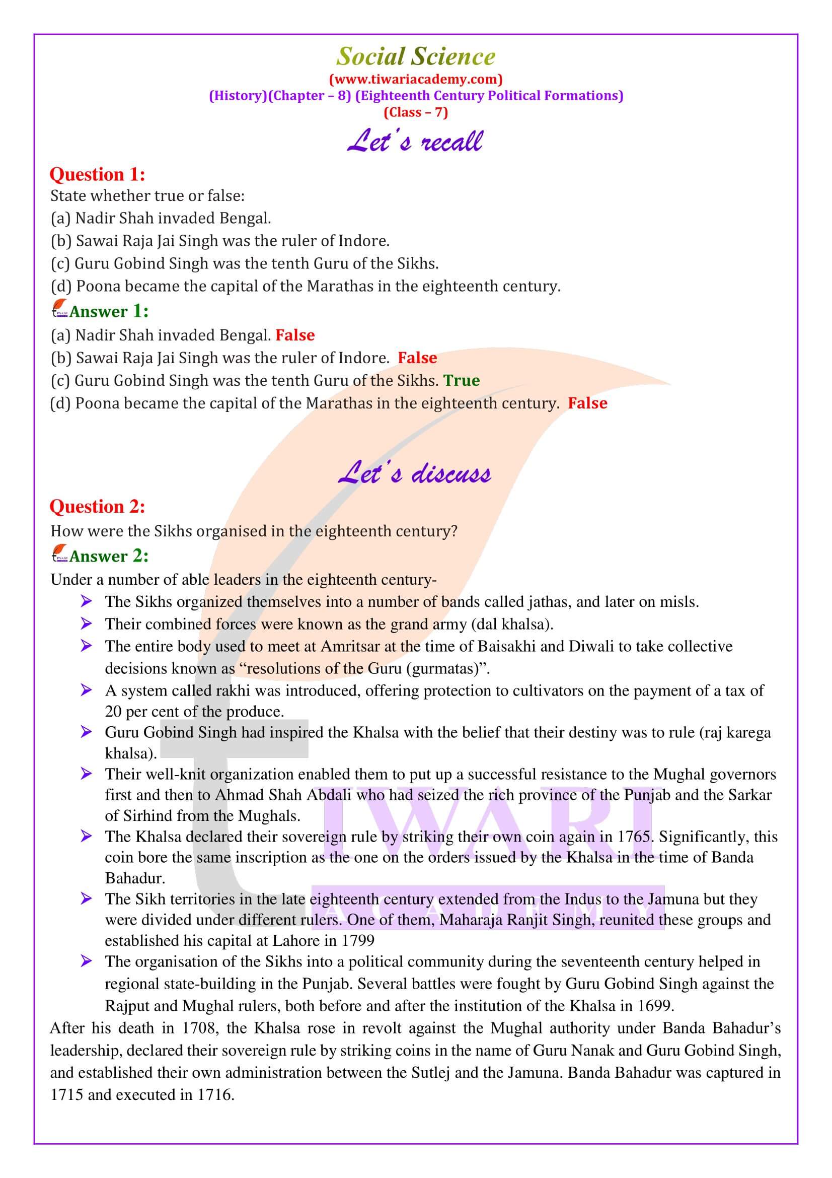 NCERT Solutions for Class 7 Social Science History Chapter 8