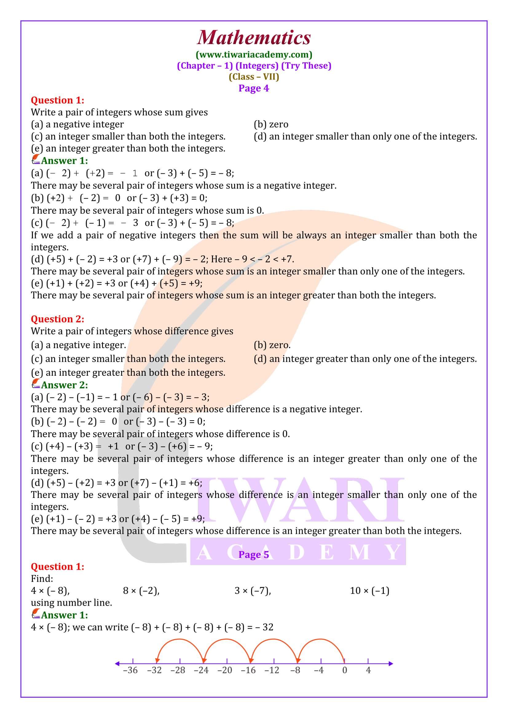 Class 7 Maths Chapter 1 Integers