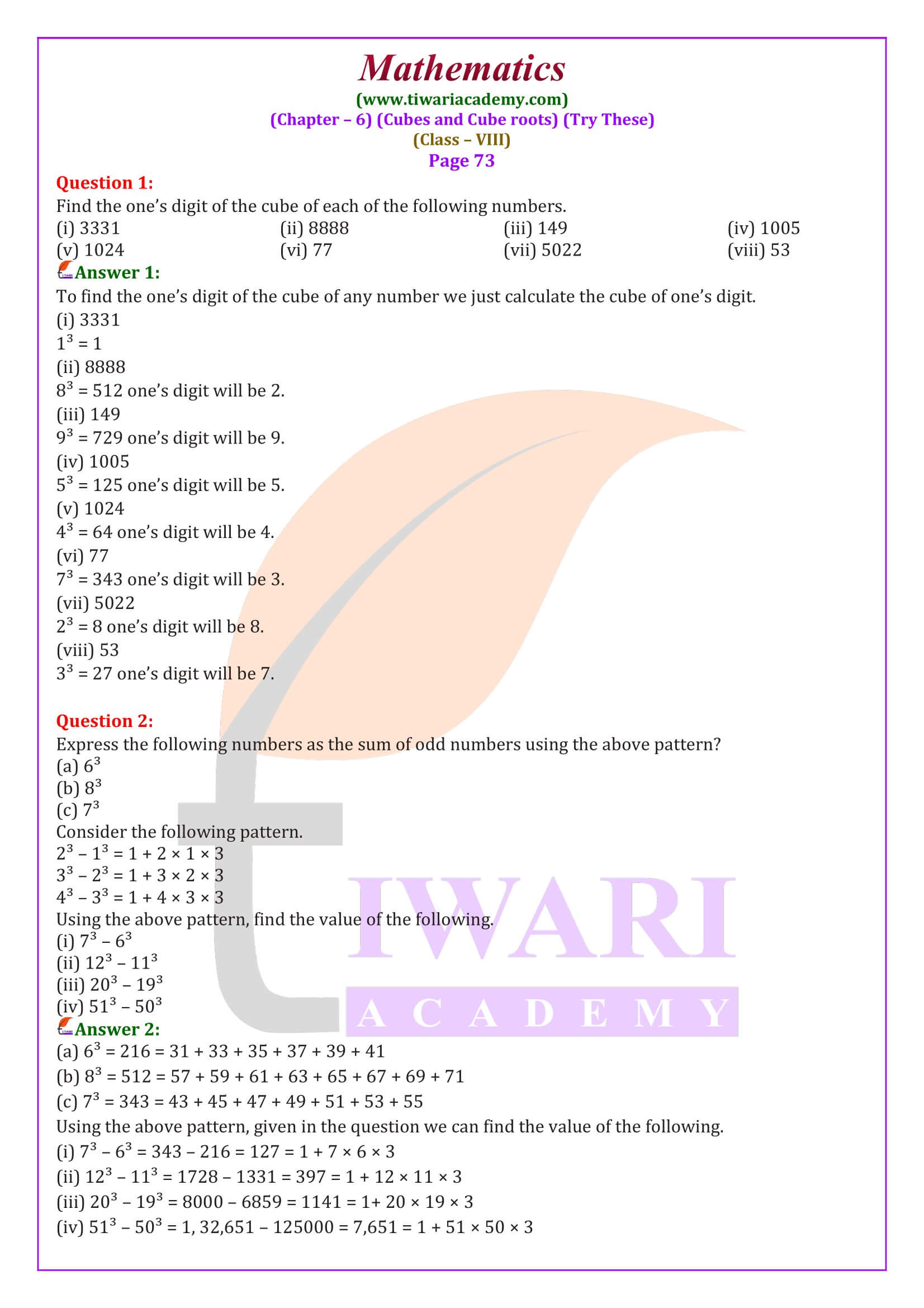 Class 8 Maths Chapter 6 Cube and Cube Roots