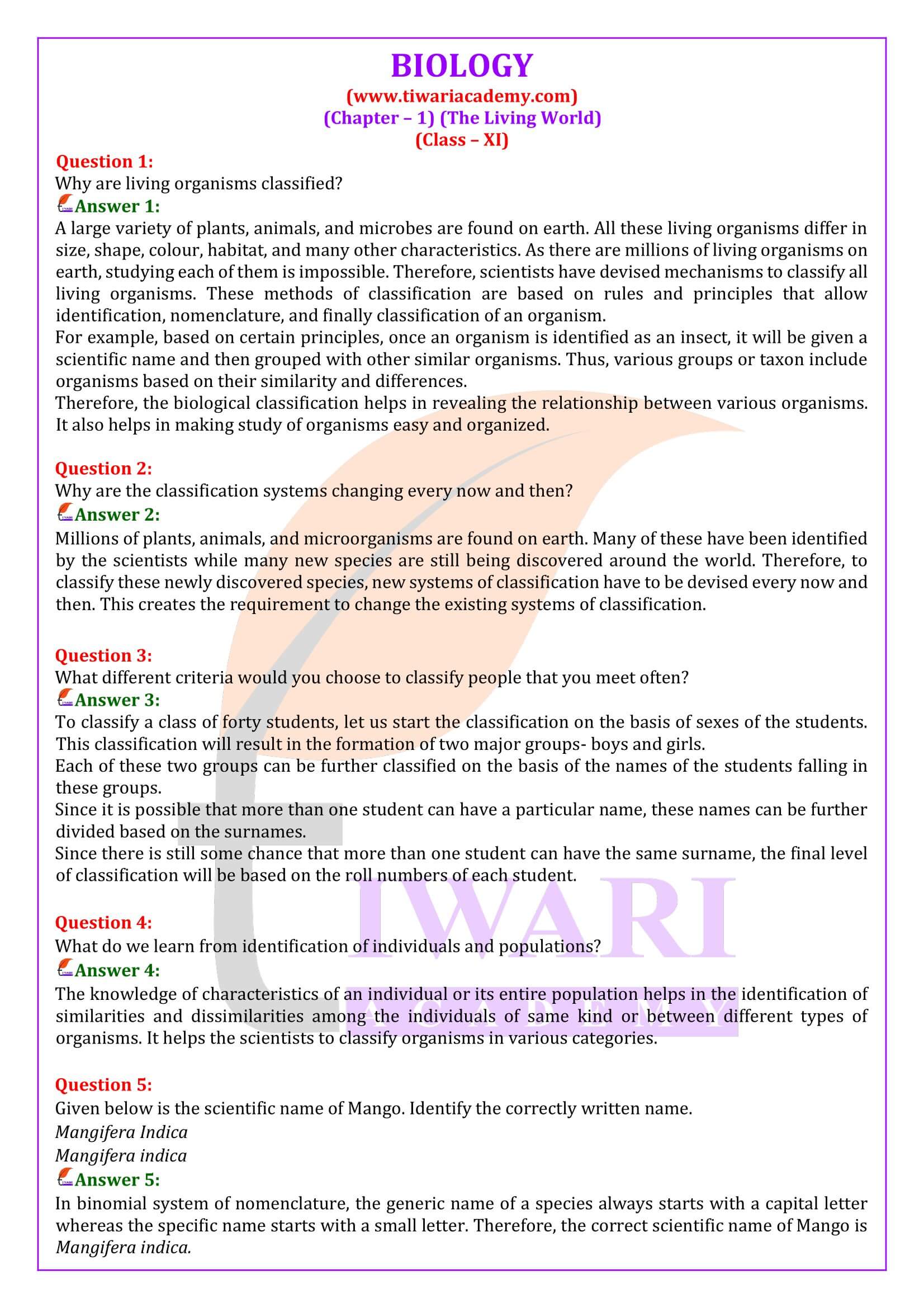 NCERT Solutions for Class 11 Biology Chapter 1