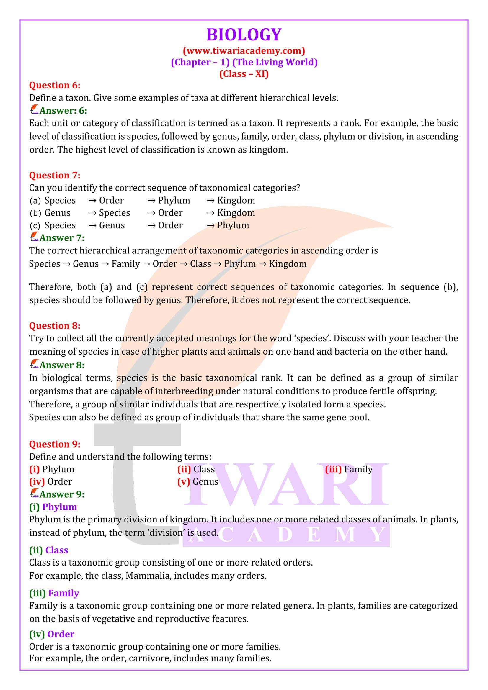 NCERT Solutions for Class 11 Biology Chapter 1 English