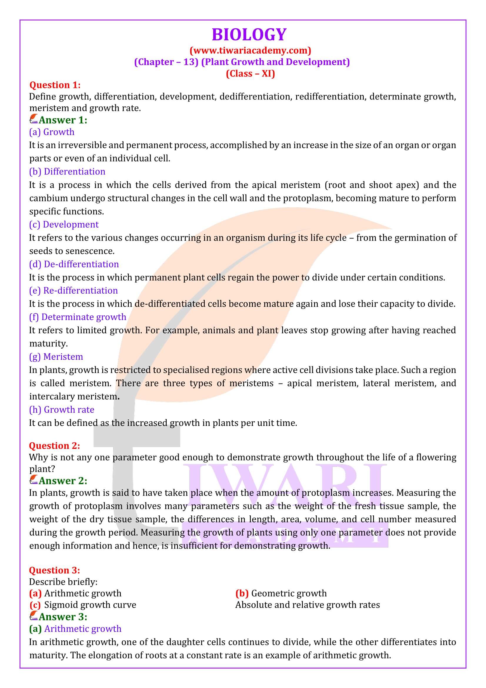 NCERT Solutions for Class 11 Biology Chapter 13