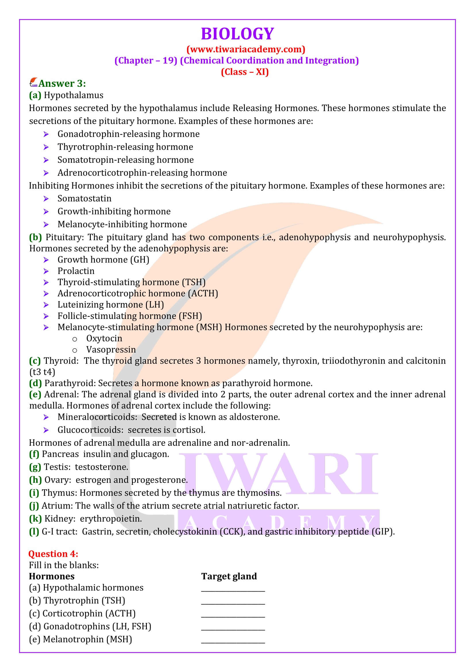 Class 11 Biology Chapter 19 Chemical Coordination and Integration