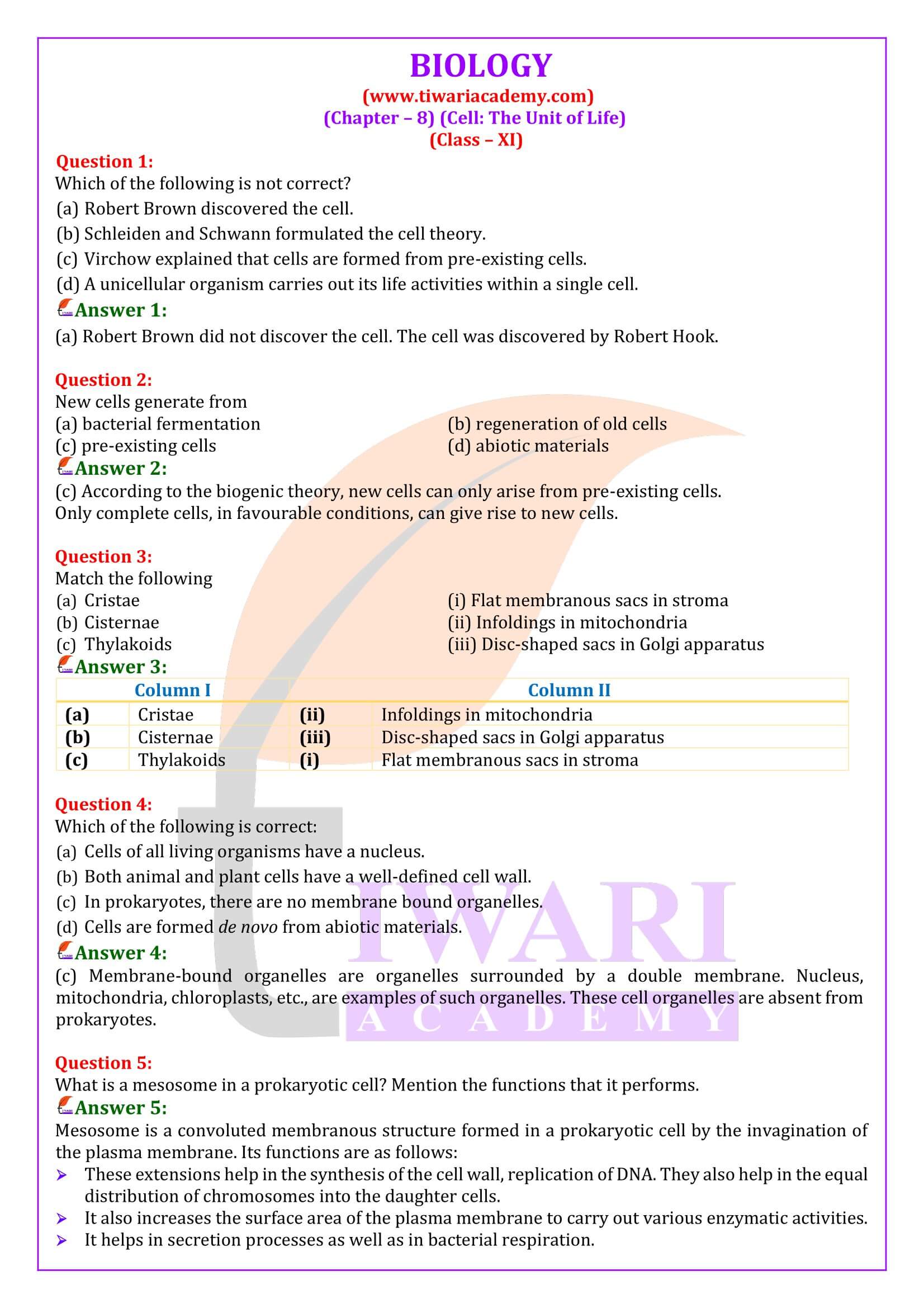 NCERT Solutions for Class 11 Biology Chapter 8 in English Medium