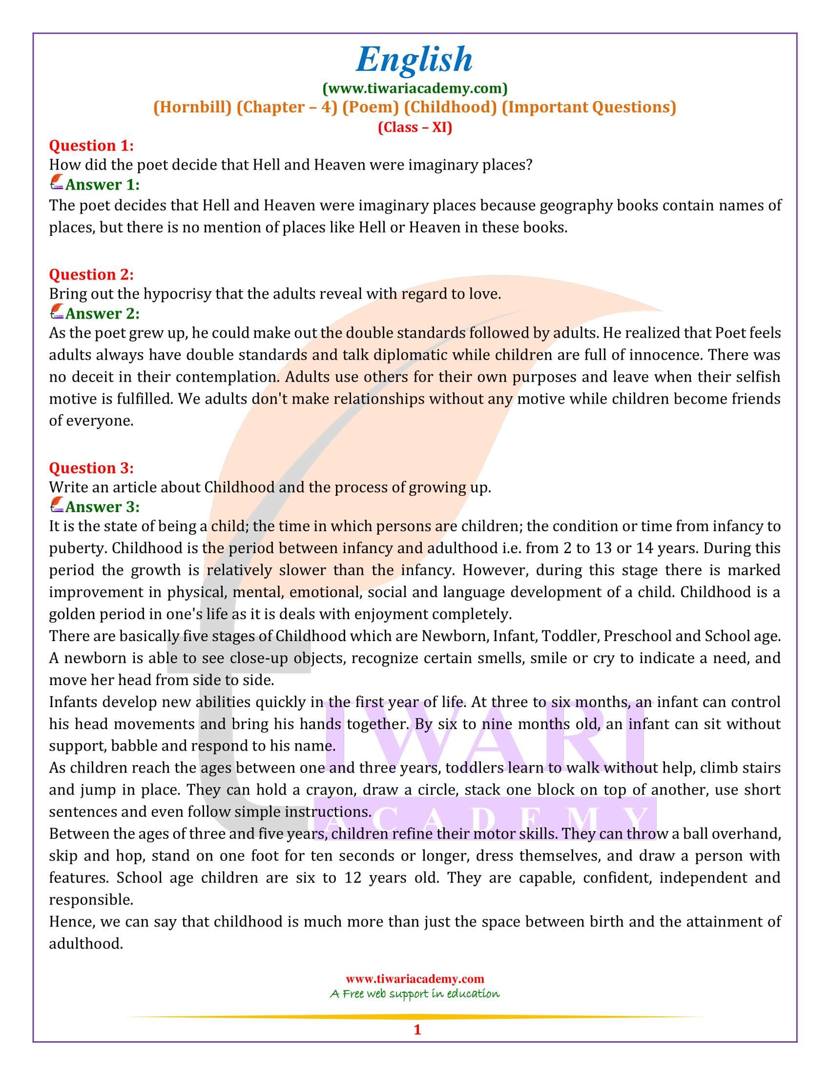 Class 11 English Hornbill Chapter 4 Poem Important Questions