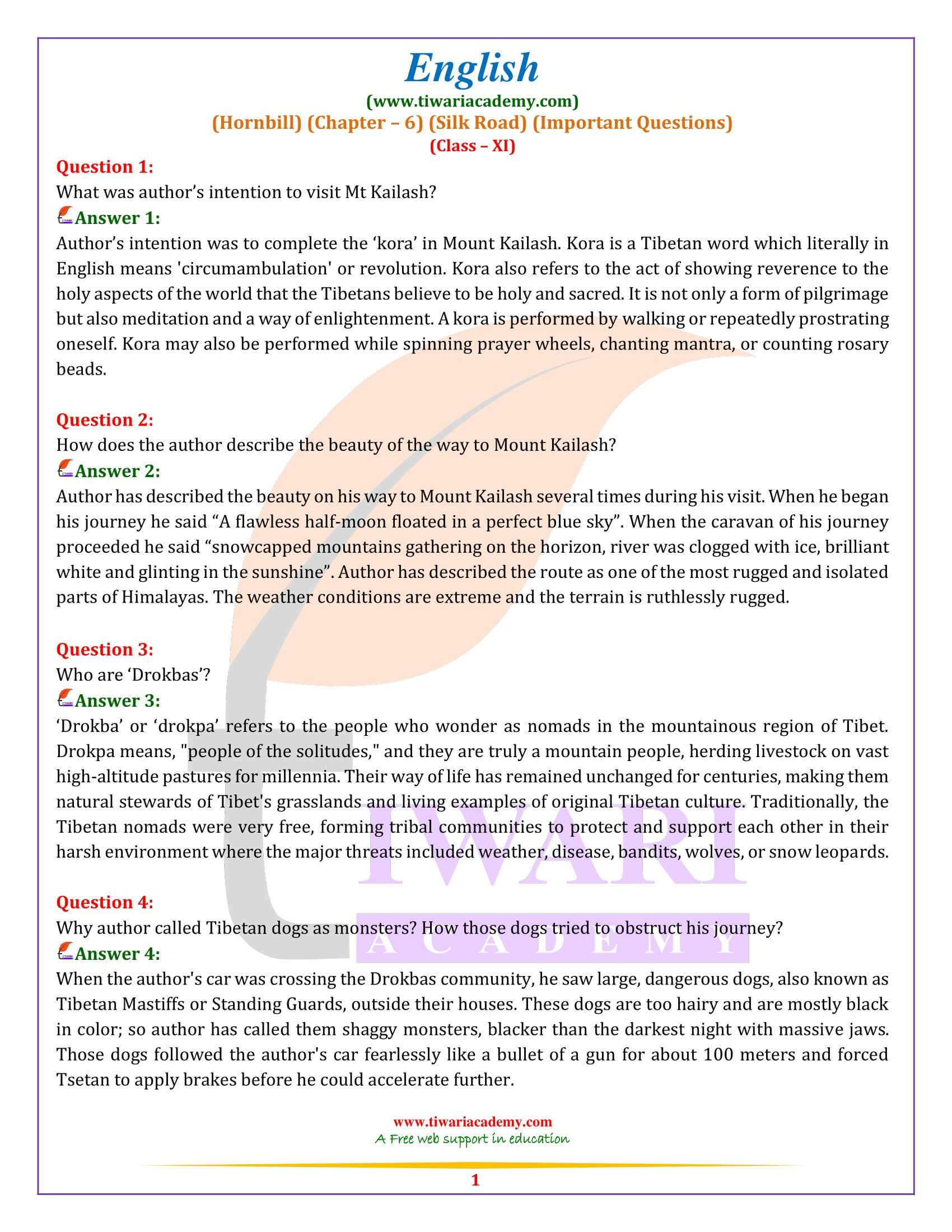 Class 11 English Hornbill Chapter 6 Important Questions