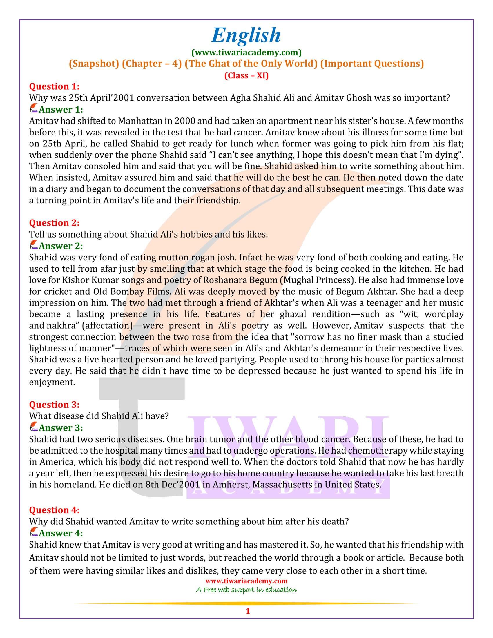 Class 11 English Snapshots Chapter 4 Important Questions