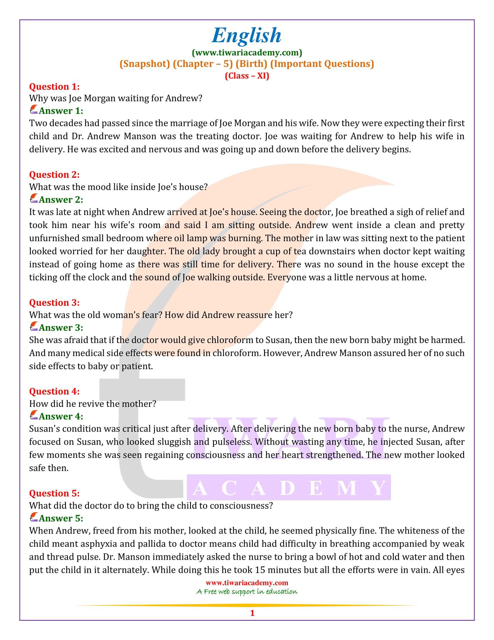 Class 11 English Snapshots Chapter 5 Important Questions