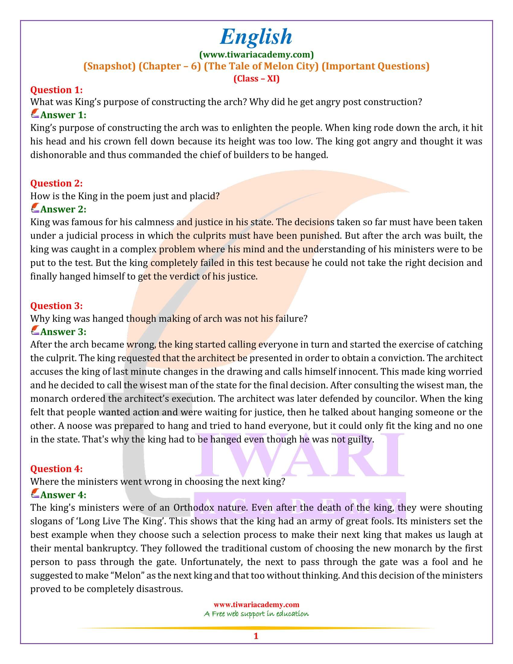 Class 11 English Snapshots Chapter 6 Important Questions