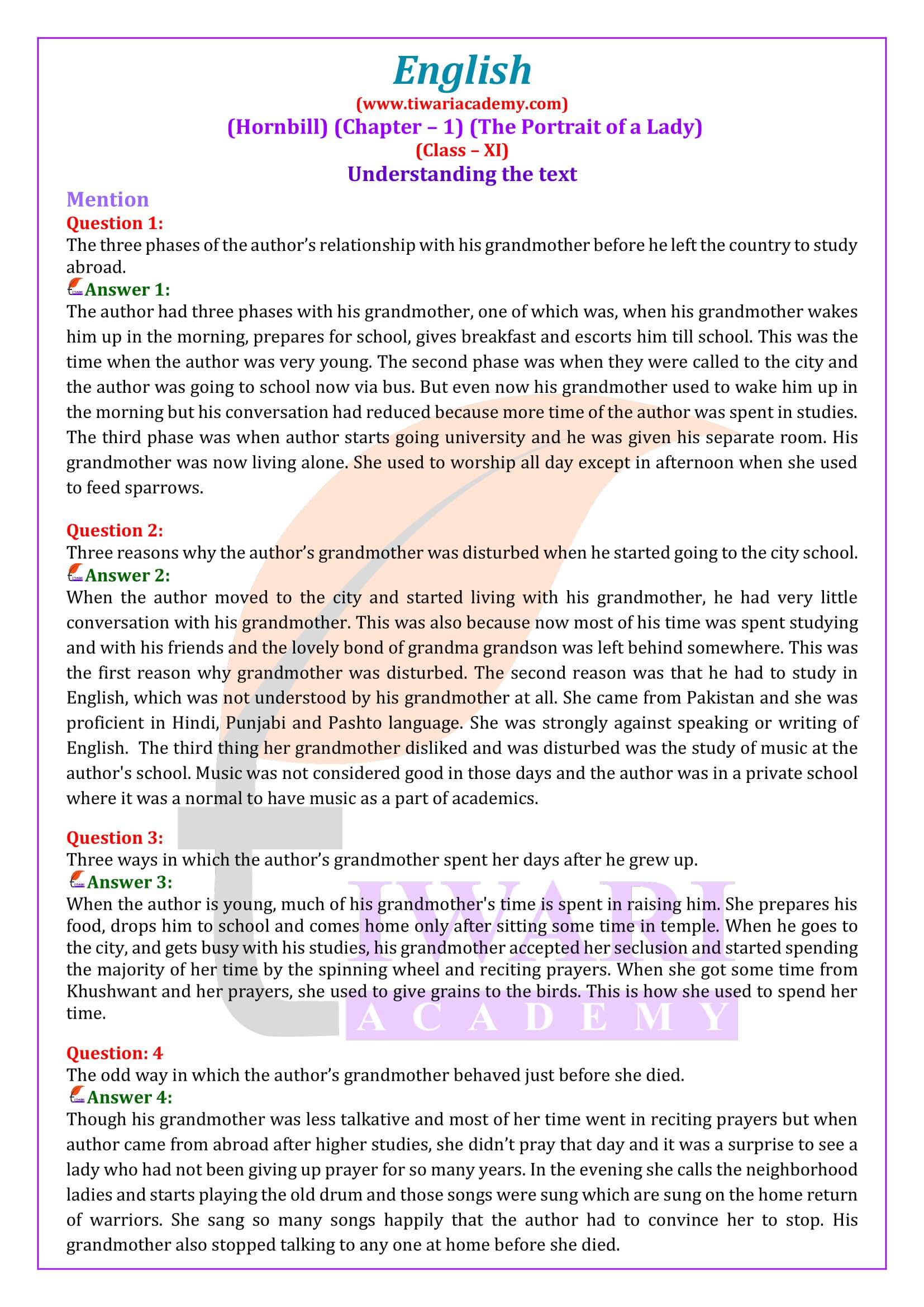 Class 11 English Hornbill Chapter 1 The Portrait of a Lady