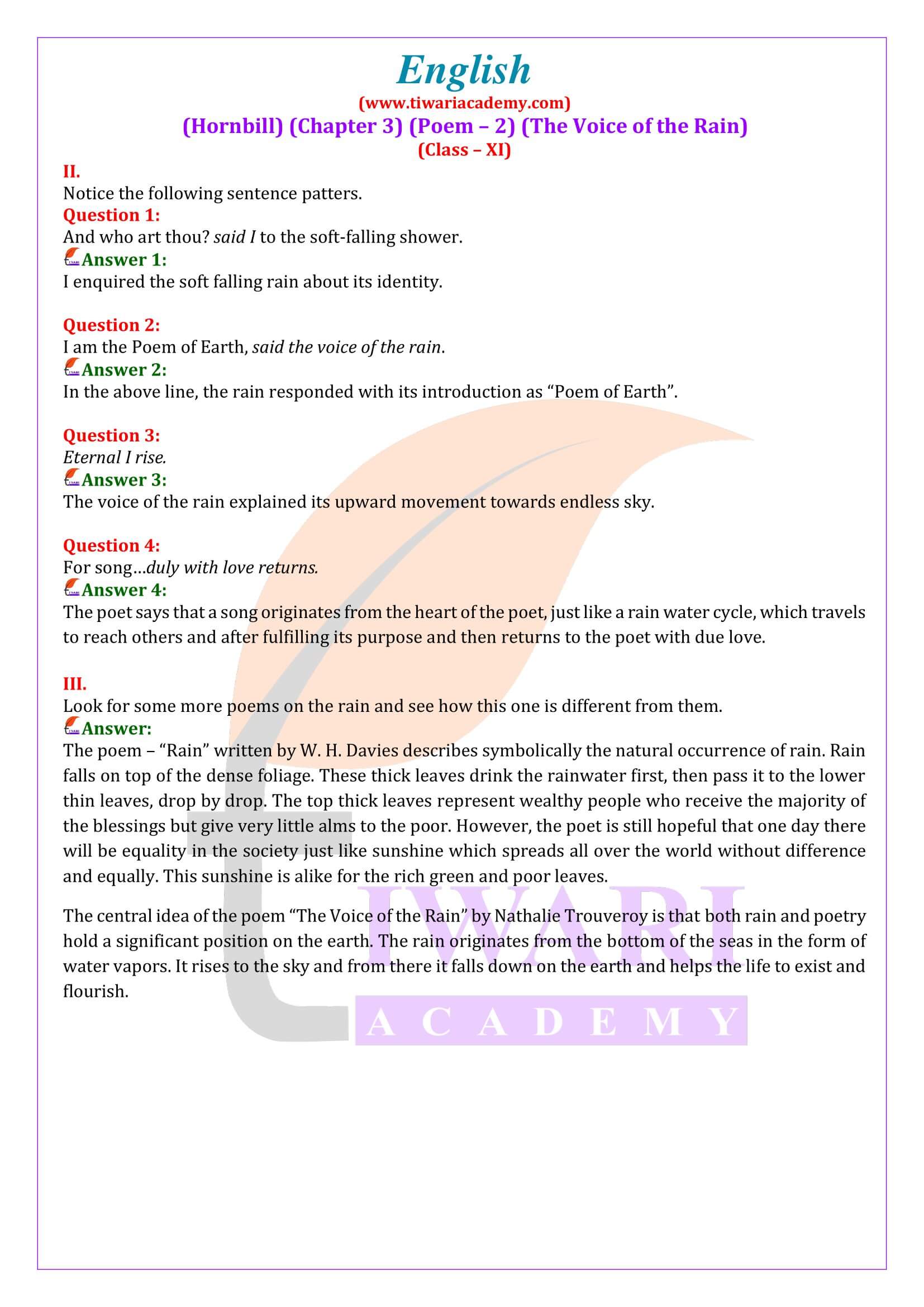 Class 11 English Hornbill Chapter 3 Poem