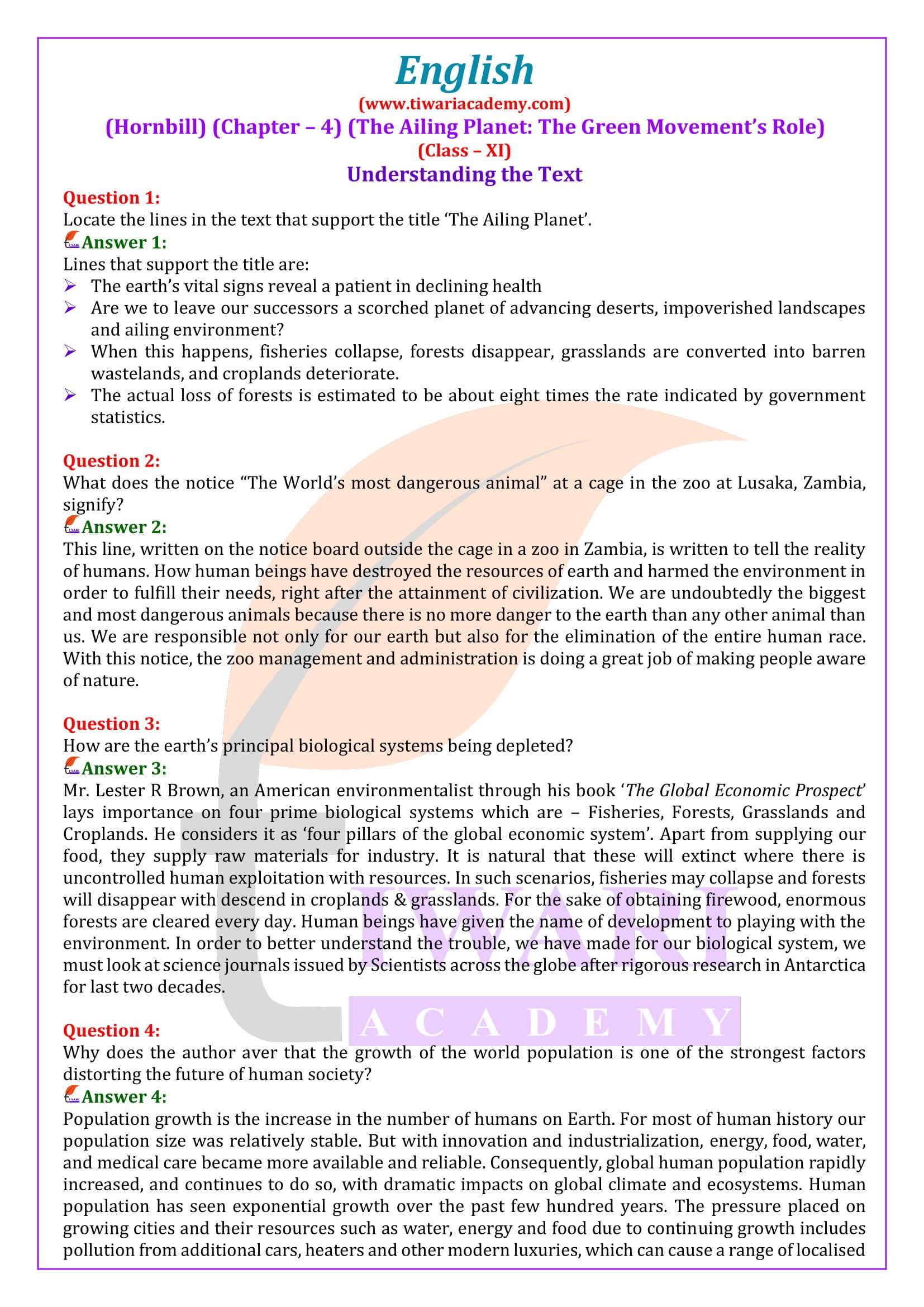 NCERT Solutions for Class 11 English Hornbill Chapter 4
