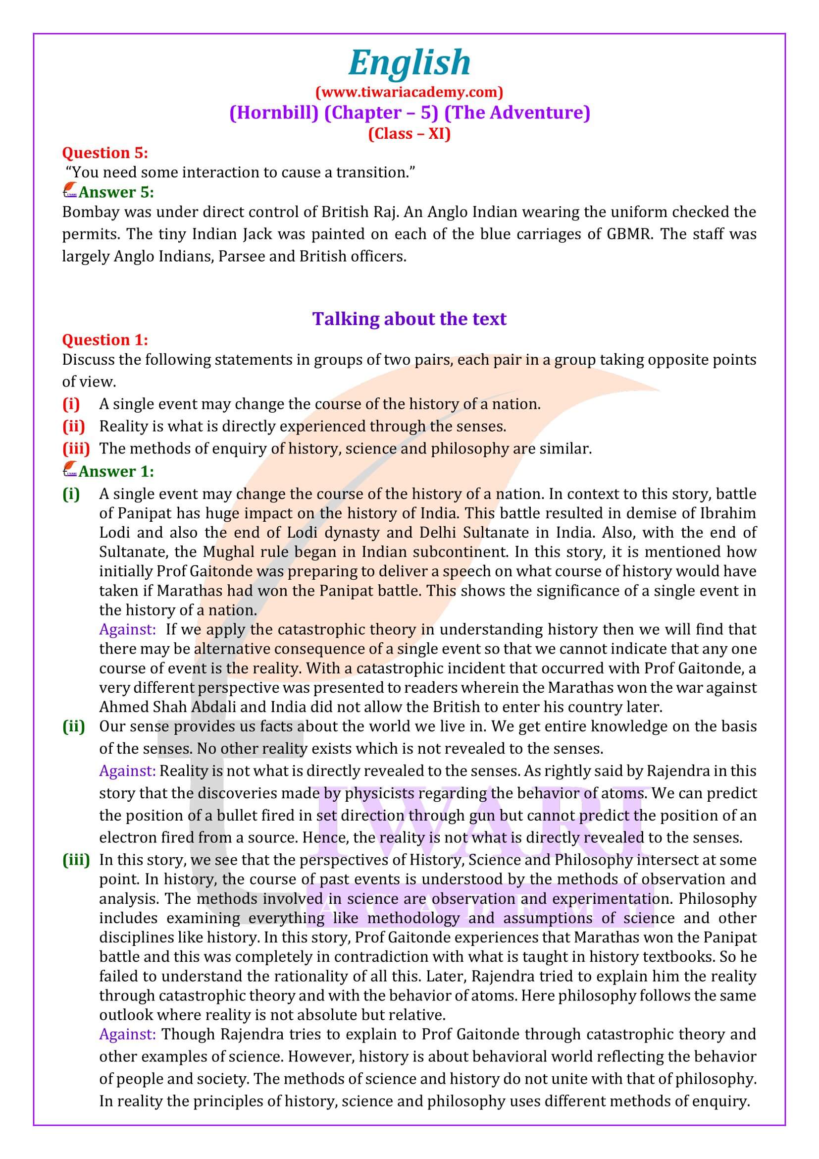 NCERT Solutions for Class 11 English Hornbill Chapter 5