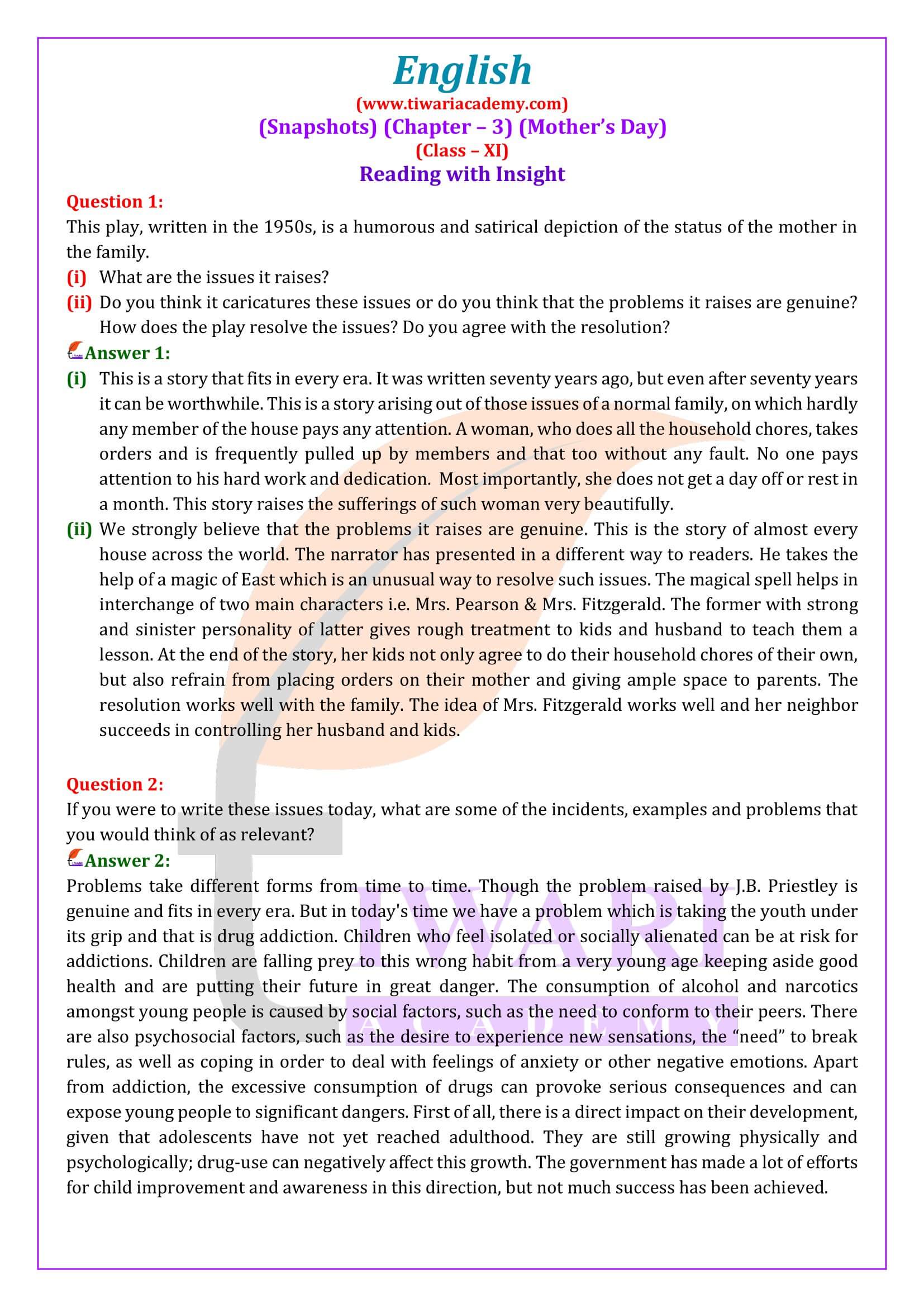 Class 11 English Snapshots Chapter 3 Mother’s Day