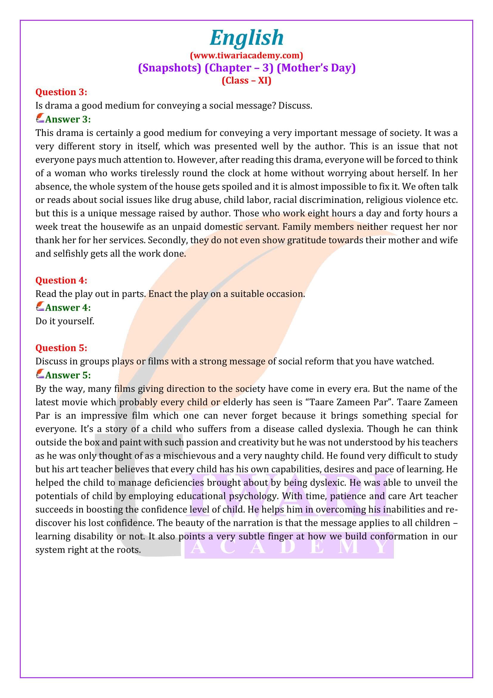 NCERT Solutions for Class 11 English Snapshots Chapter 3