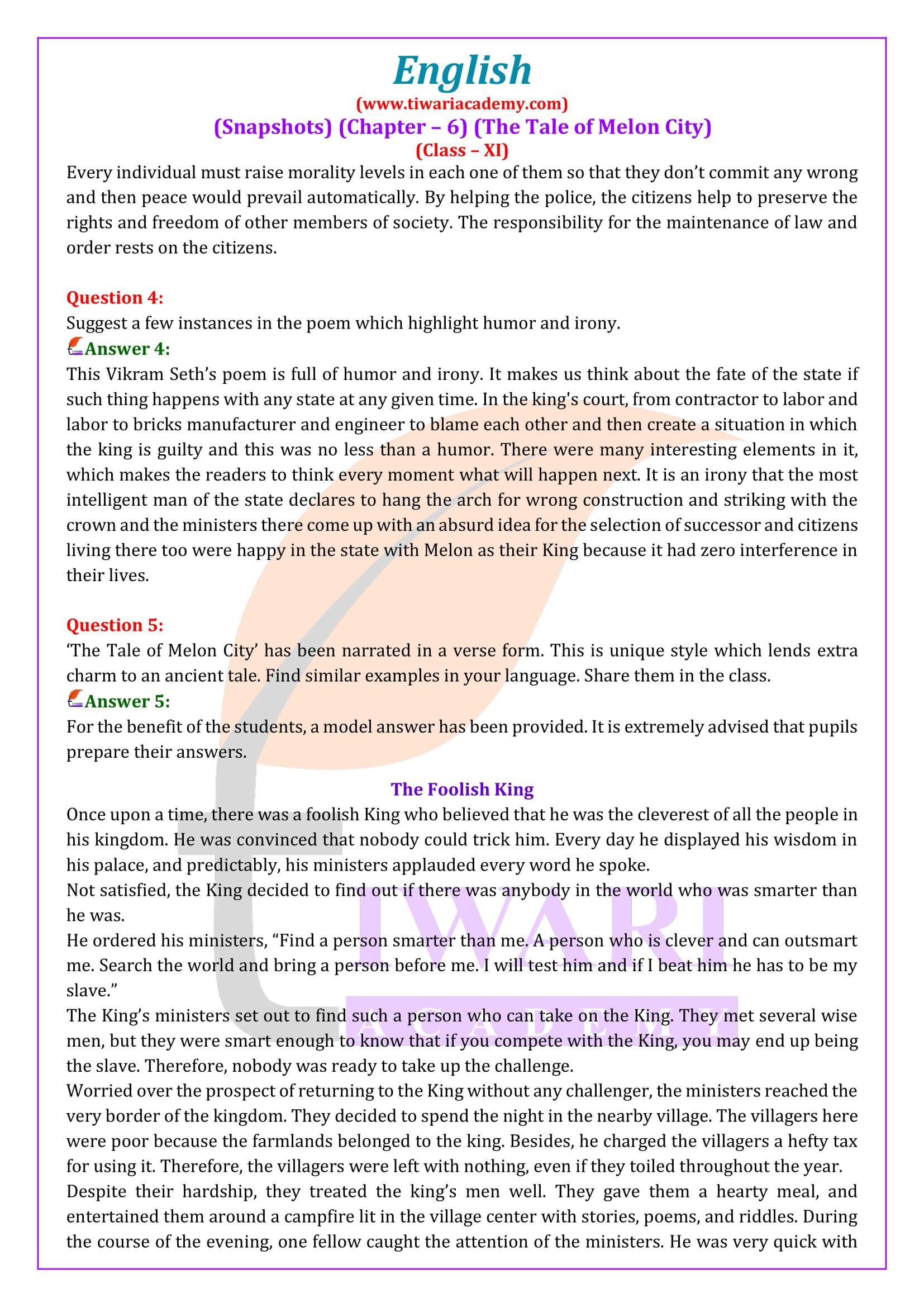 NCERT Solutions for Class 11 English Snapshots Chapter 6