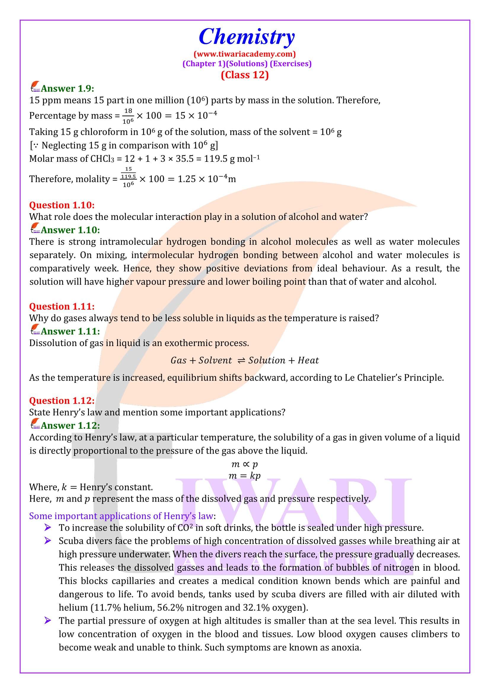 Class 12 Chemistry Chapter 1 Exercises