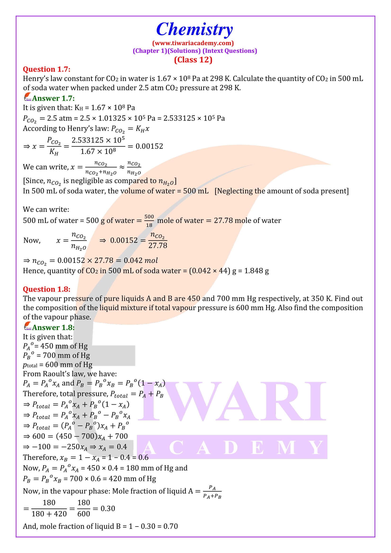 NCERT Class 12 Chemistry Chapter 1 Intext Questions