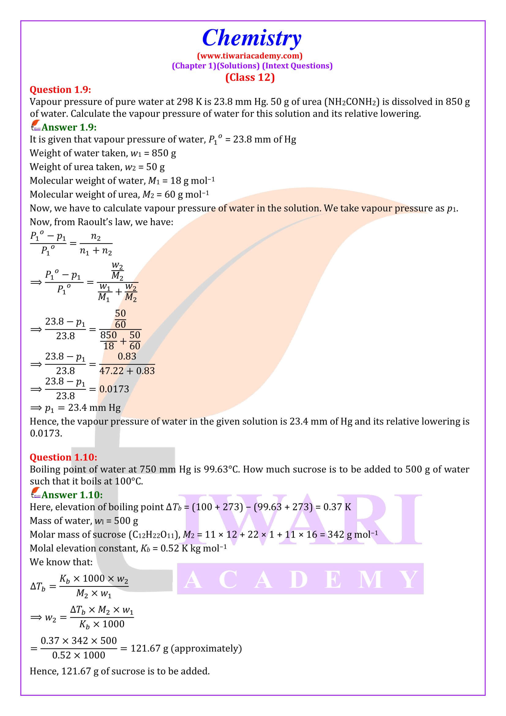 NCERT Class 12 Chemistry Chapter 1 Intext all answers
