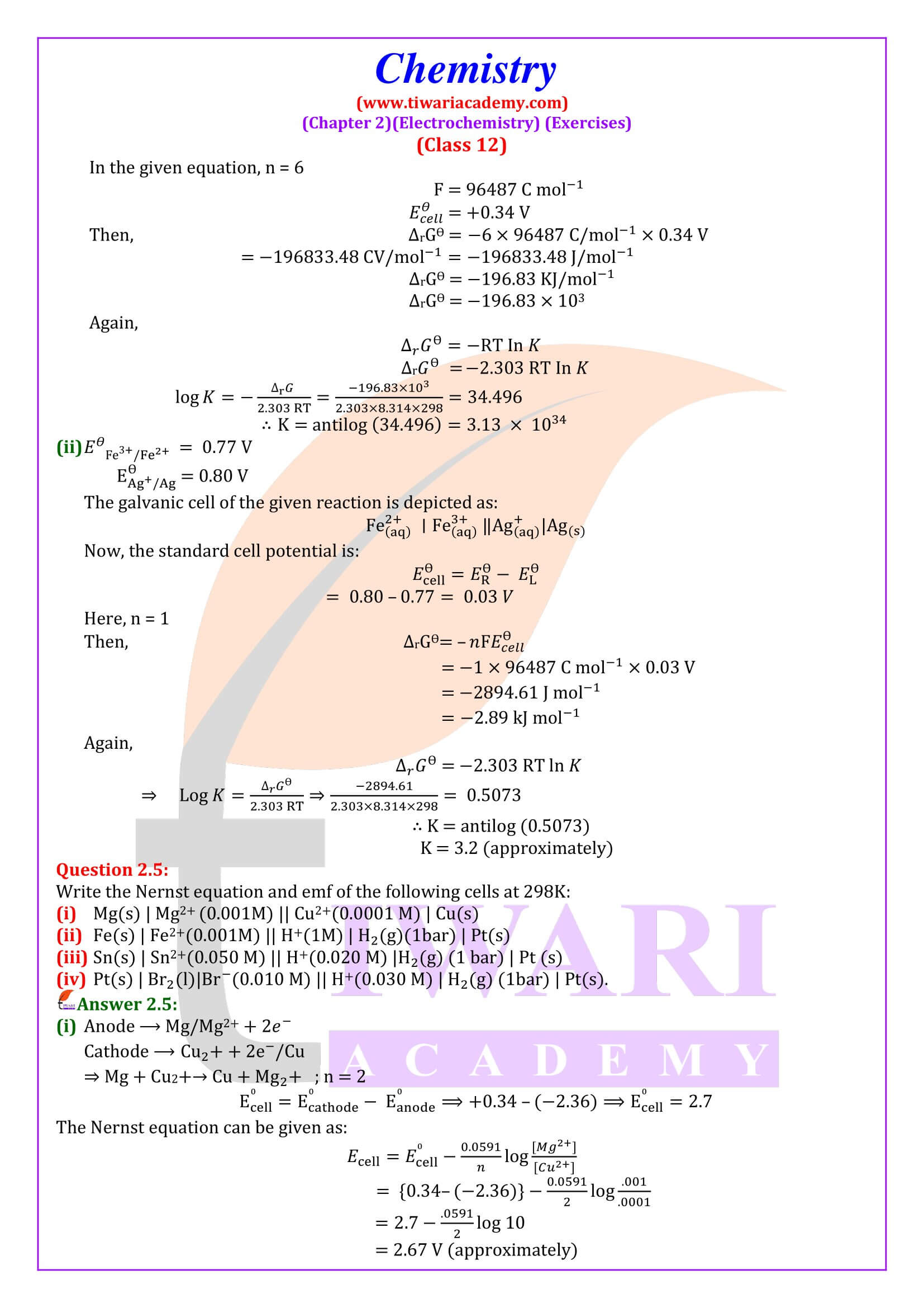 NCERT Solutions for Class 12 Chemistry Chapter 2 Electrochemistry