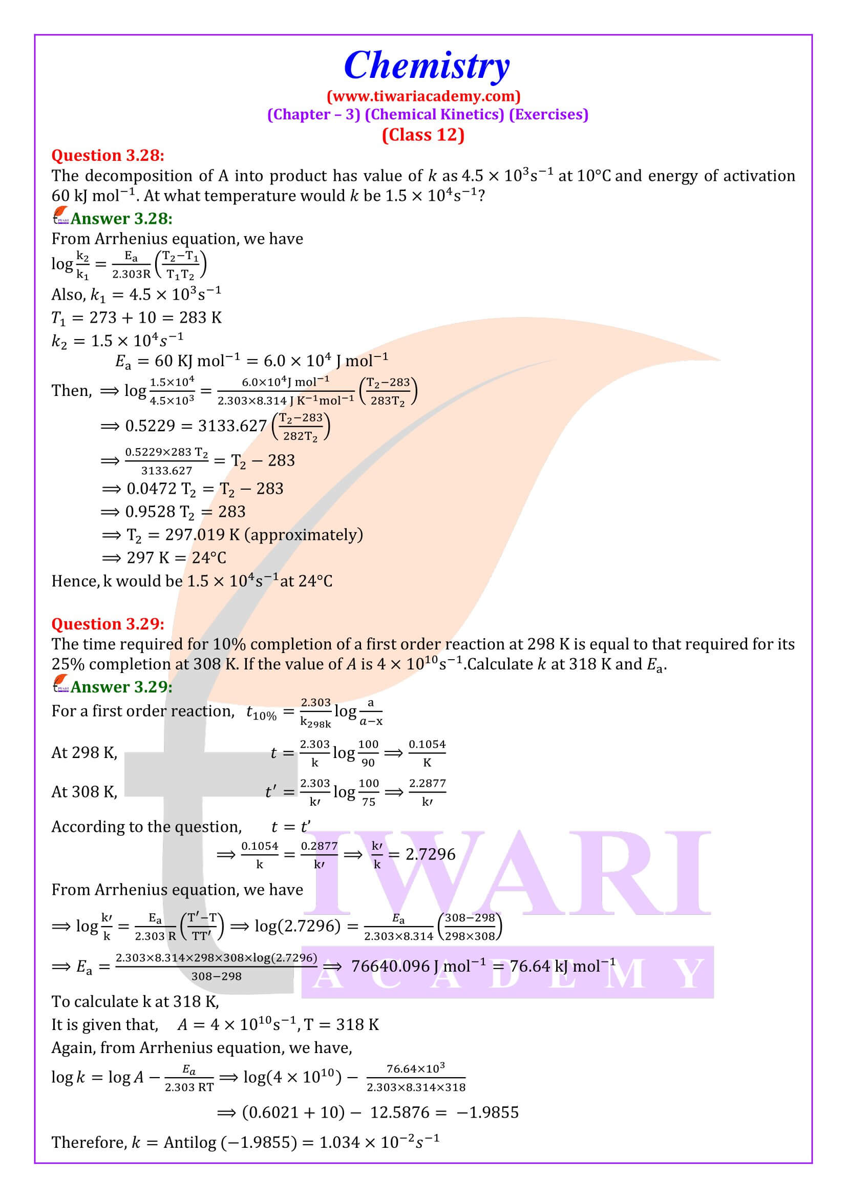 Class 12 Chemistry Chapter 3 Exercises Answers