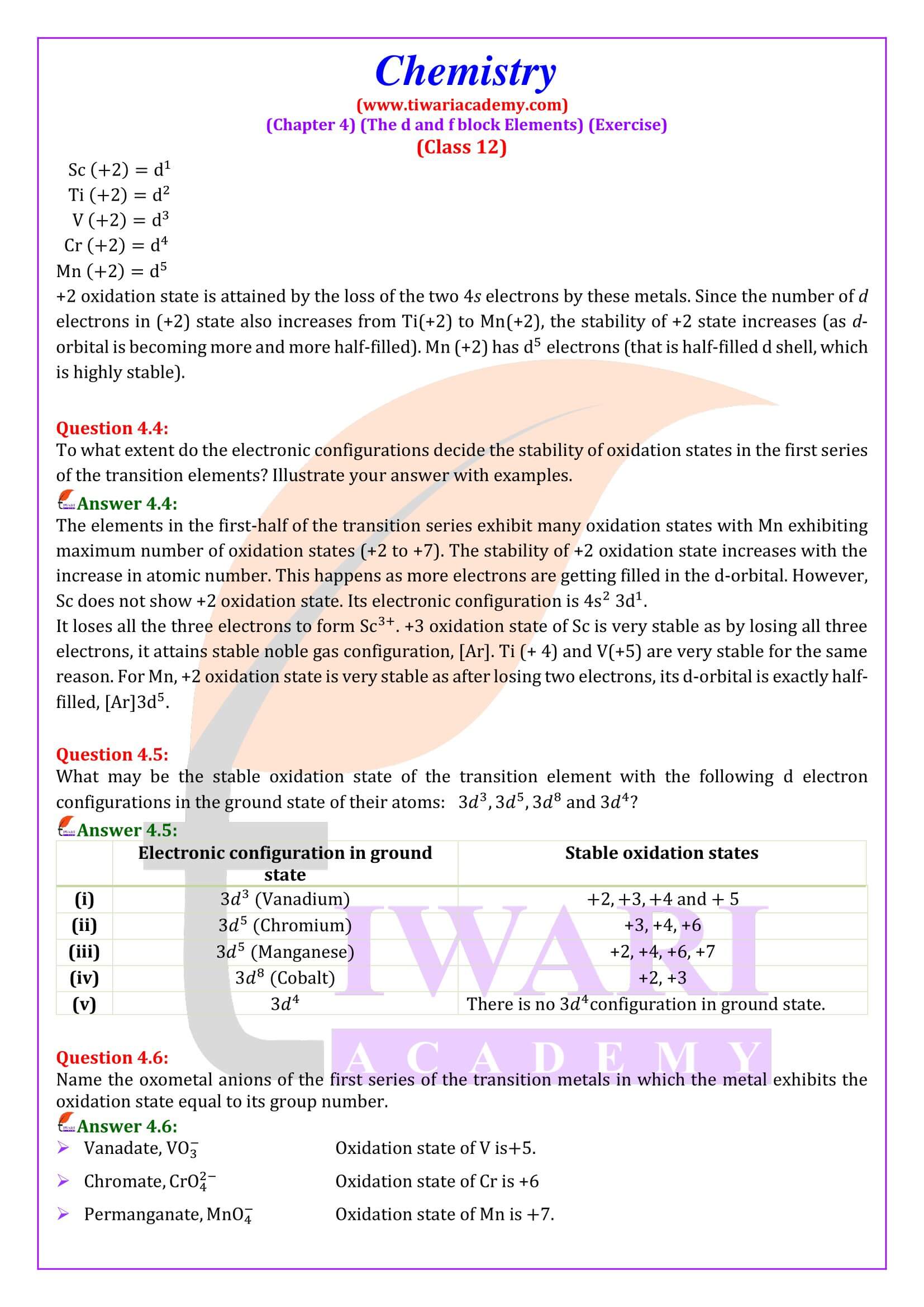 NCERT Solutions for Class 12 Chemistry Chapter 4 the d and f Block Elements