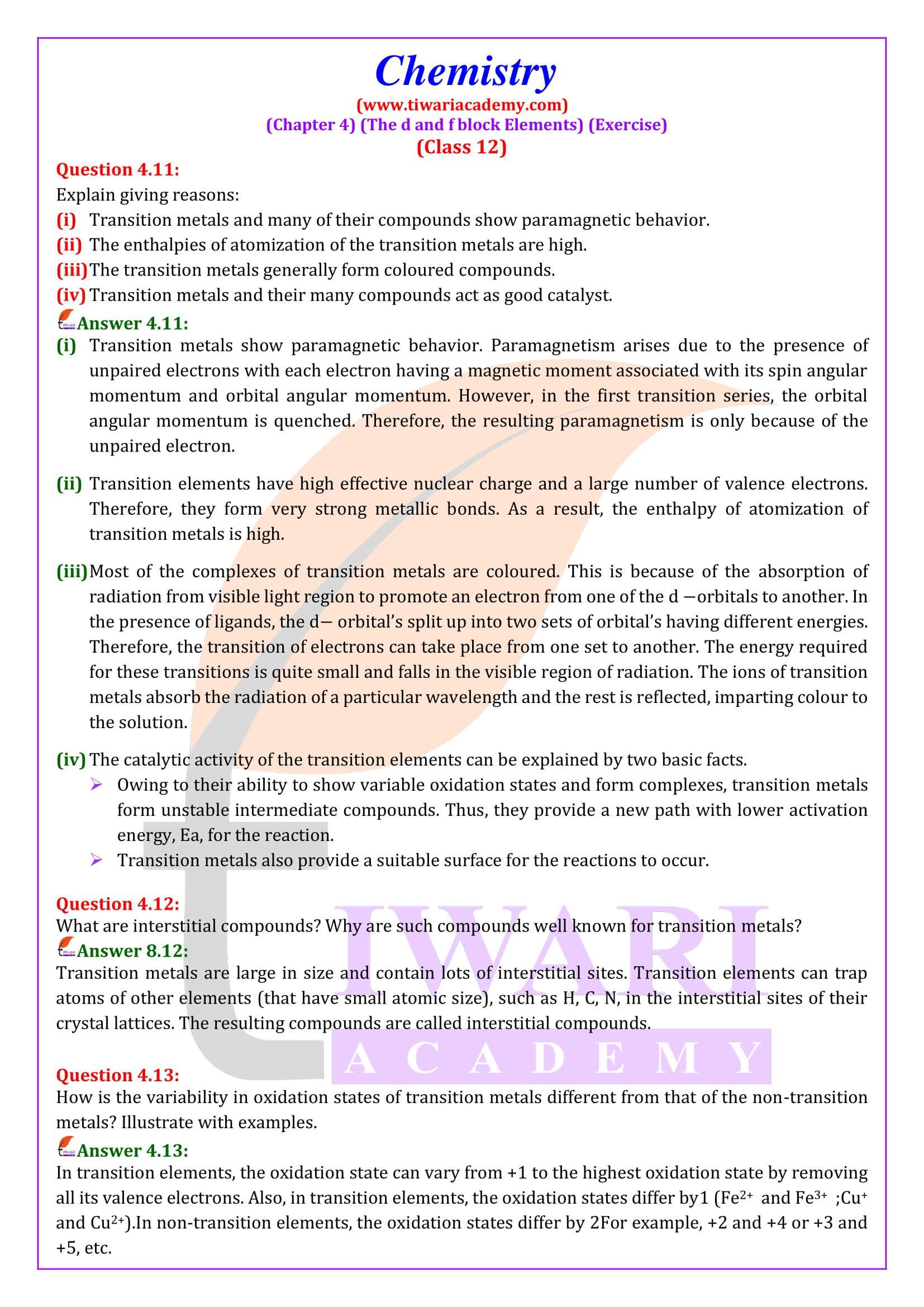 NCERT Solutions for Class 12 Chemistry Chapter 4 in English Medium