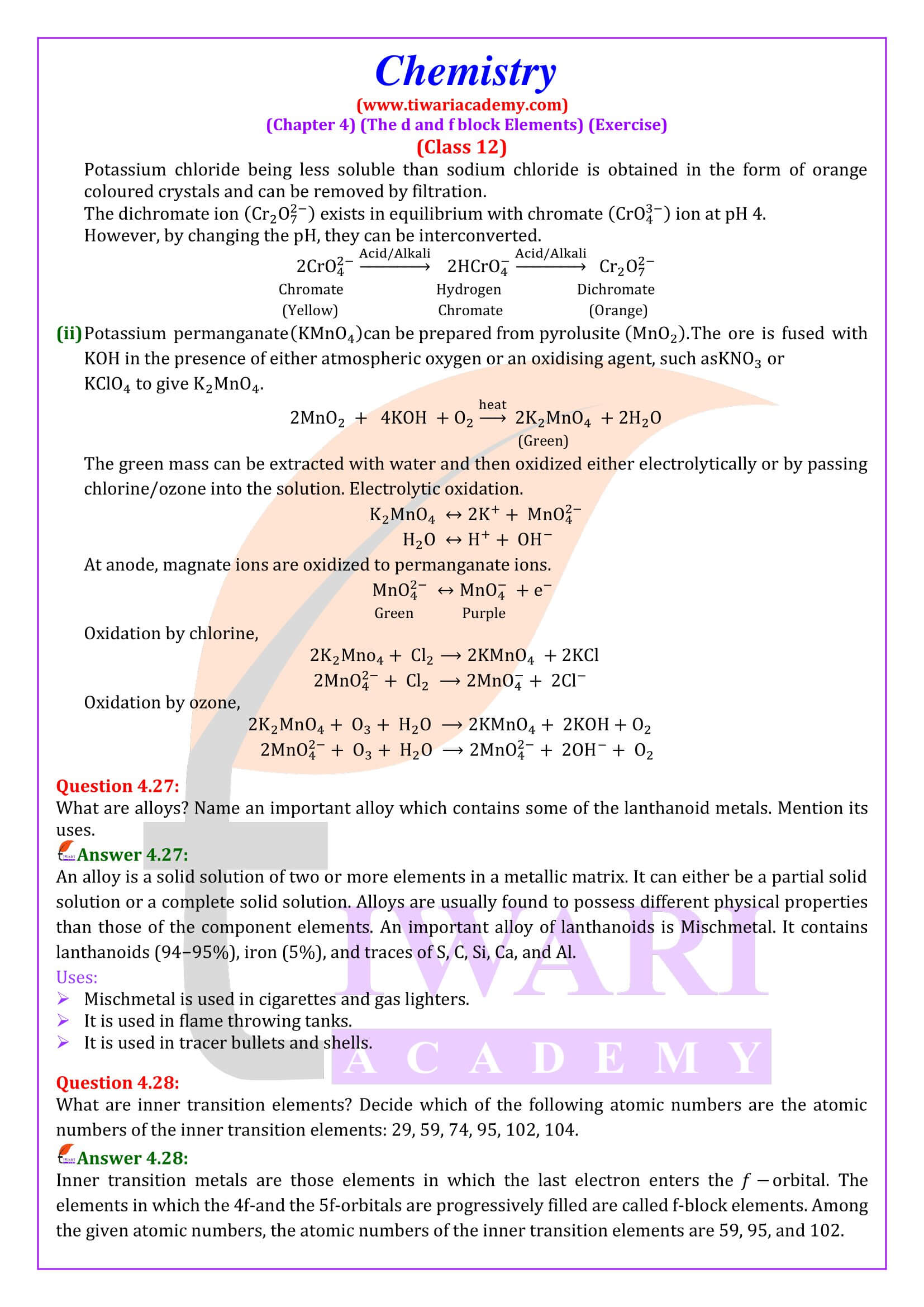 Class 12 Chemistry Chapter 4 Exercises Questions Answers