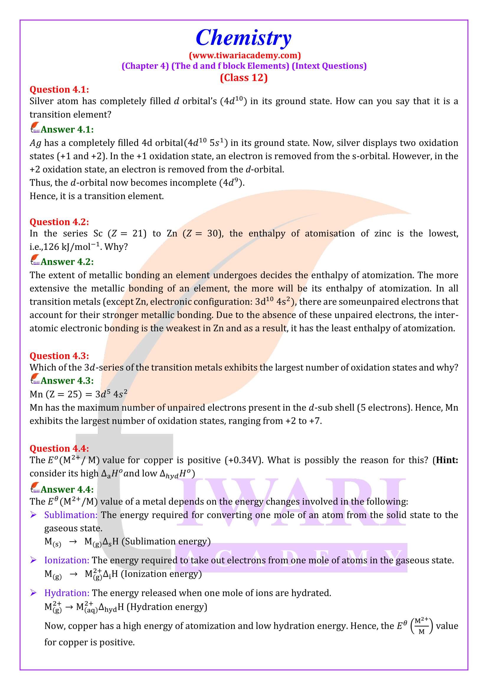 Class 12 Chemistry Chapter 4 Intext Questions