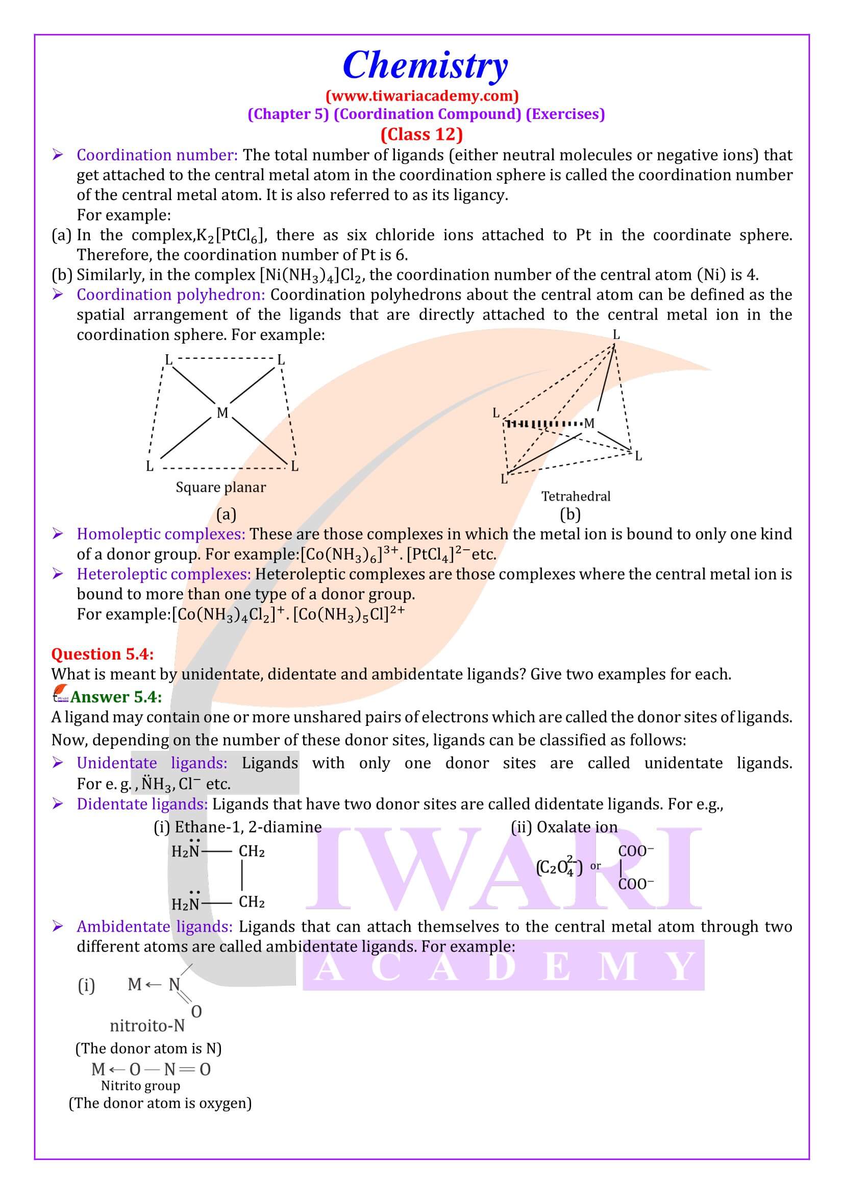 NCERT Solutions for Class 12 Chemistry Chapter 5 Coordination Compounds